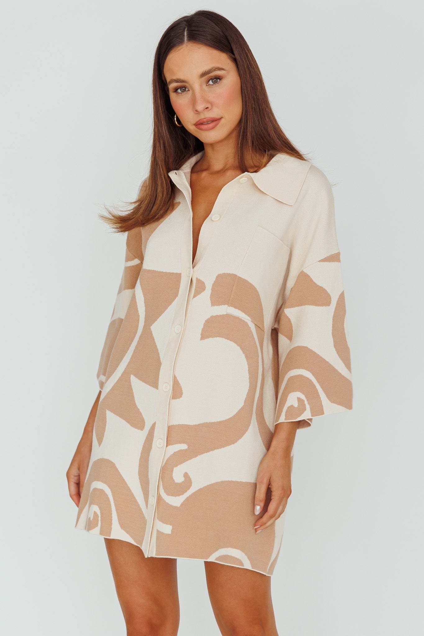 Nalani Button Up Knit Shirt Dress Sand/Wood-Maymioy