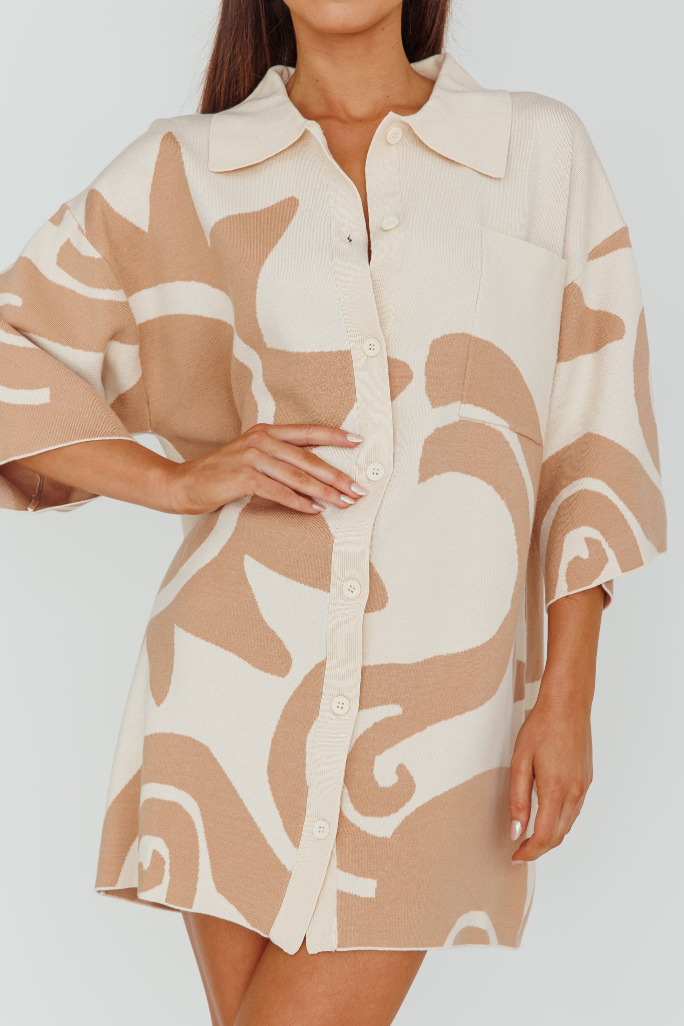 Nalani Button Up Knit Shirt Dress Sand/Wood-Maymioy