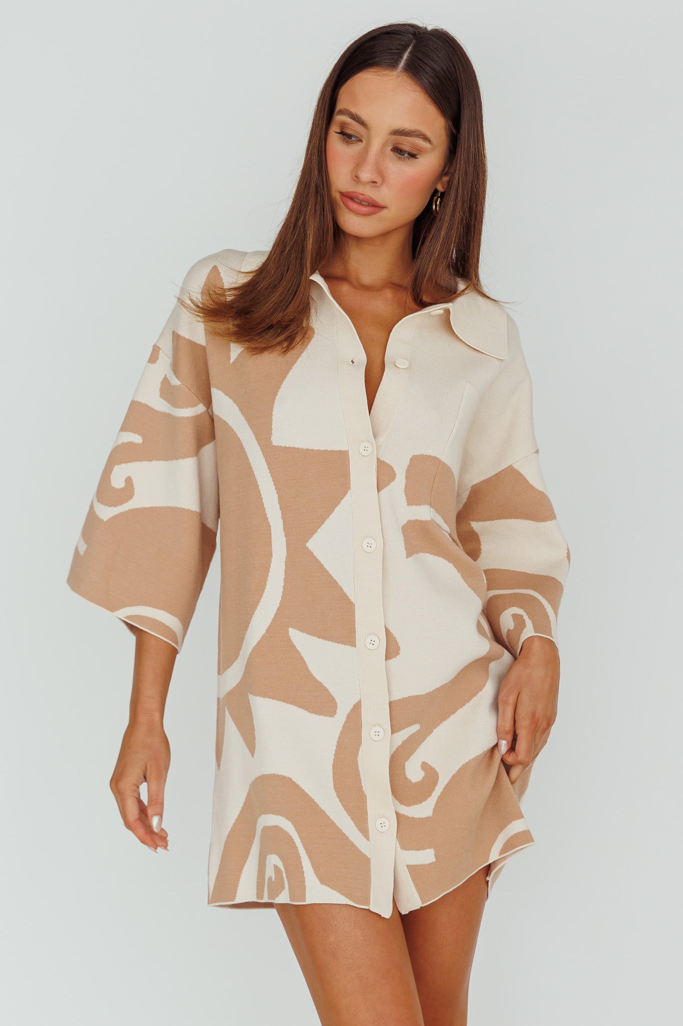Nalani Button Up Knit Shirt Dress Sand/Wood-Maymioy