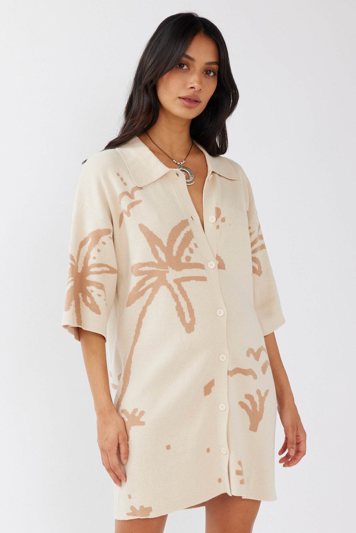 Nalani Button-Up Knit Dress Sand/Wood-Maymioy