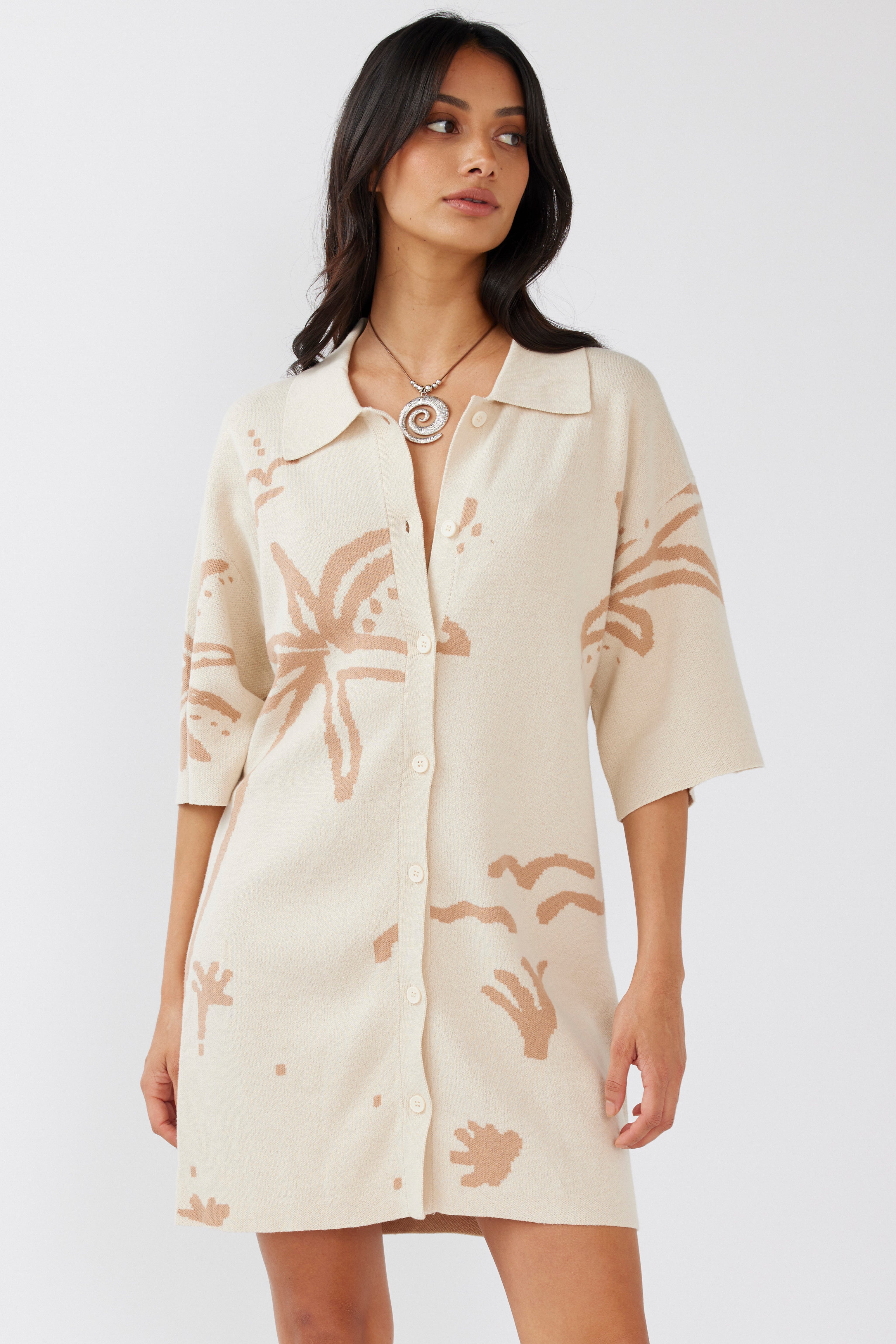 Nalani Button-Up Knit Dress Sand/Wood-Maymioy