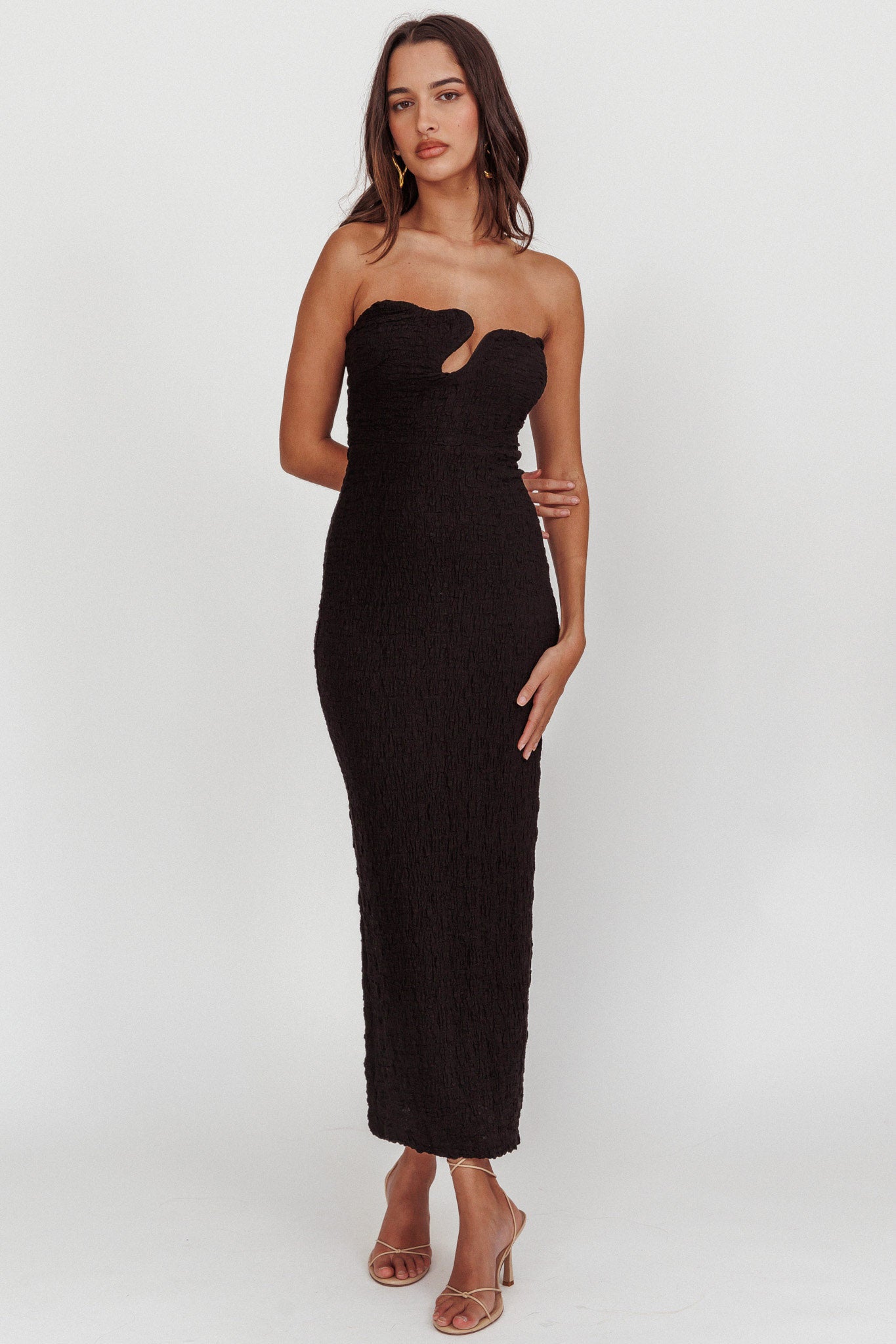 Horizon Strapless Textured Midi Dress Black-Maymioy