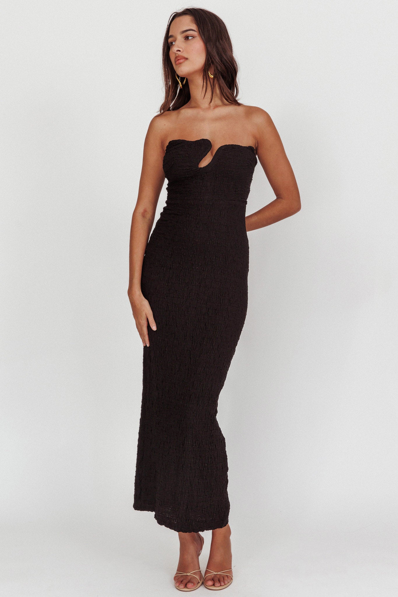 Horizon Strapless Textured Midi Dress Black-Maymioy