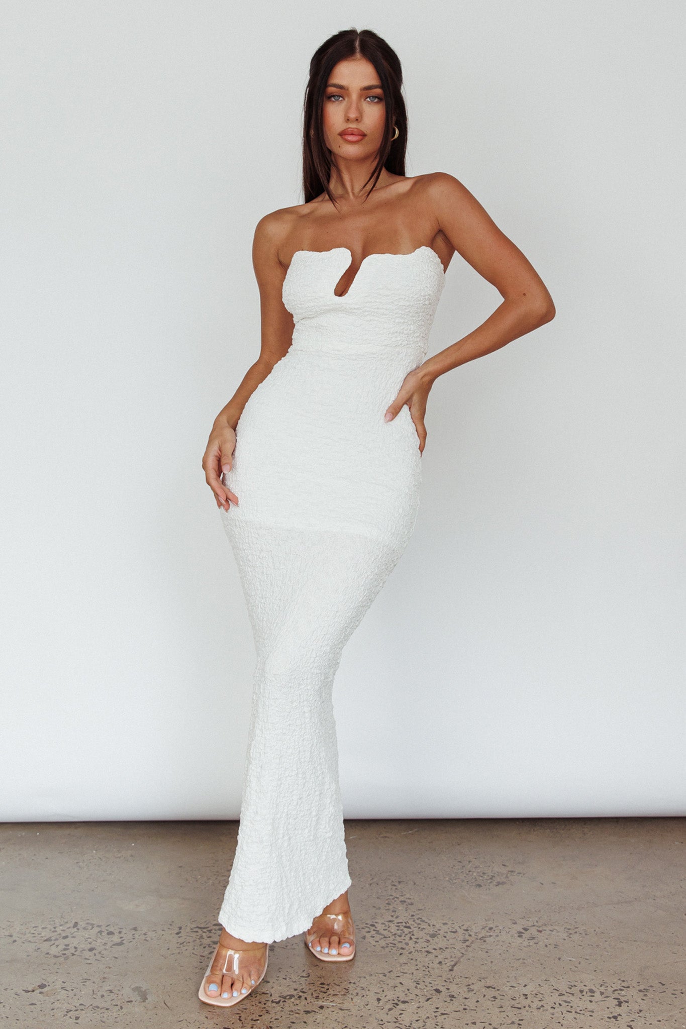 Horizon Strapless Textured Midi Dress White-Maymioy