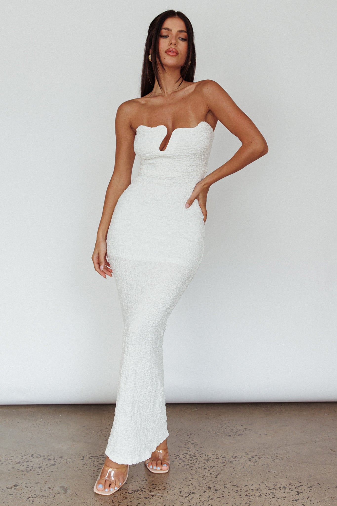 Horizon Strapless Textured Midi Dress White-Maymioy