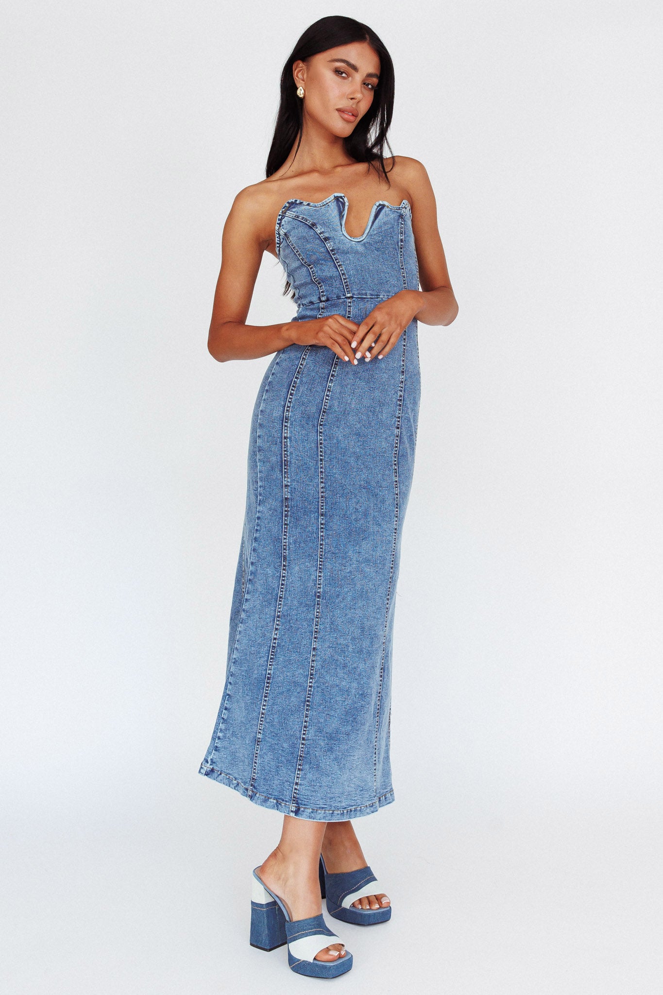 Horizon Strapless Wavy Neckline Midi Denim Blue-Maymioy