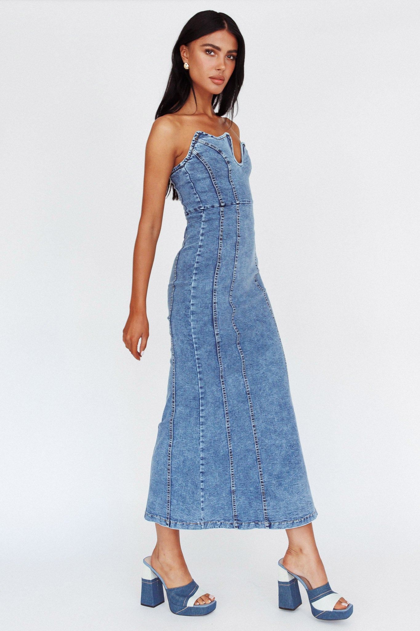 Horizon Strapless Wavy Neckline Midi Denim Blue-Maymioy