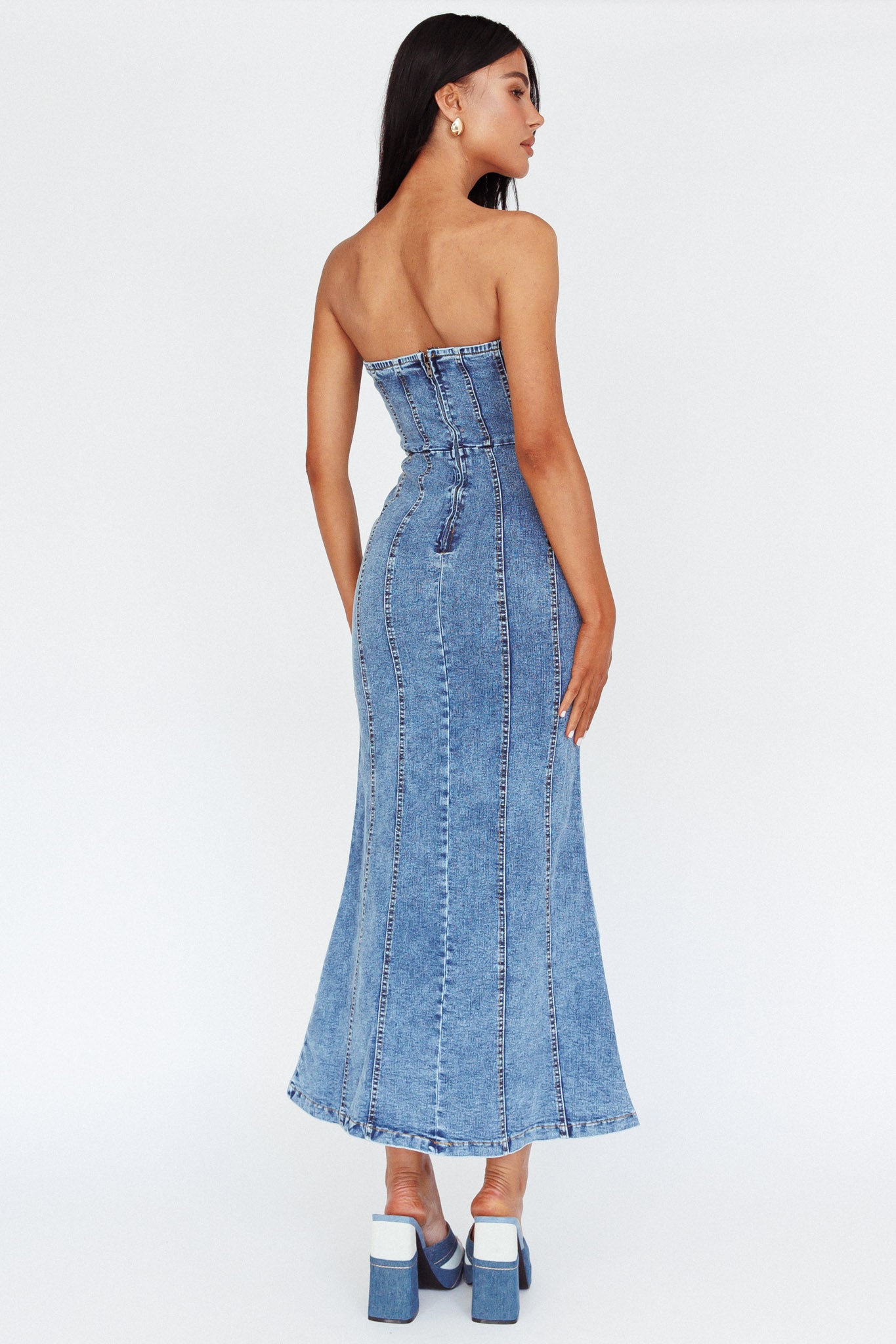 Horizon Strapless Wavy Neckline Midi Denim Blue-Maymioy
