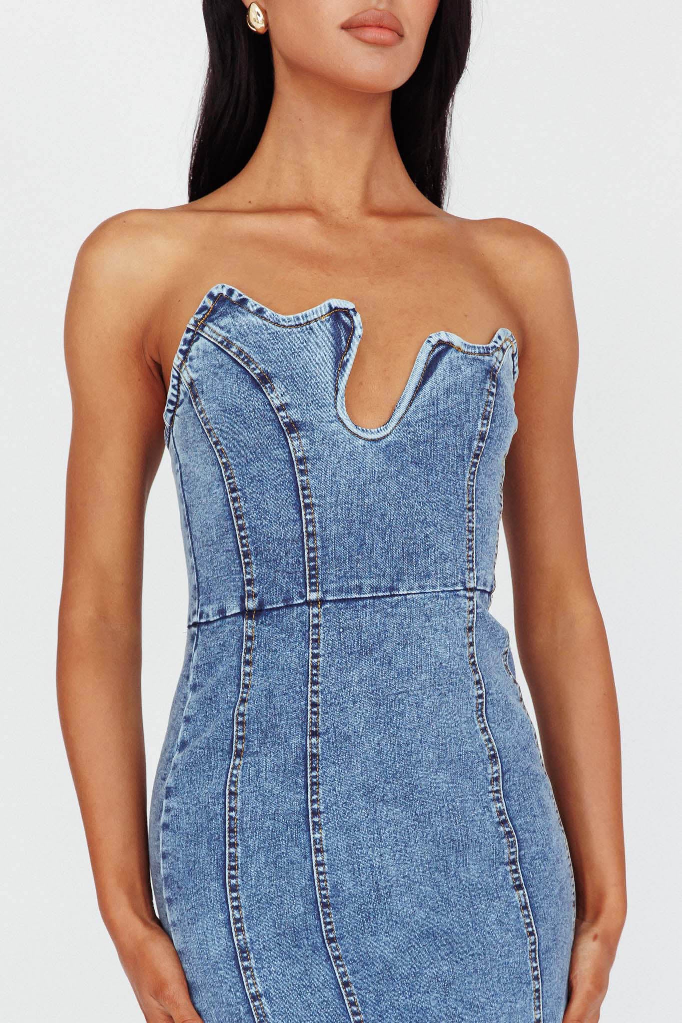 Horizon Strapless Wavy Neckline Midi Denim Blue-Maymioy