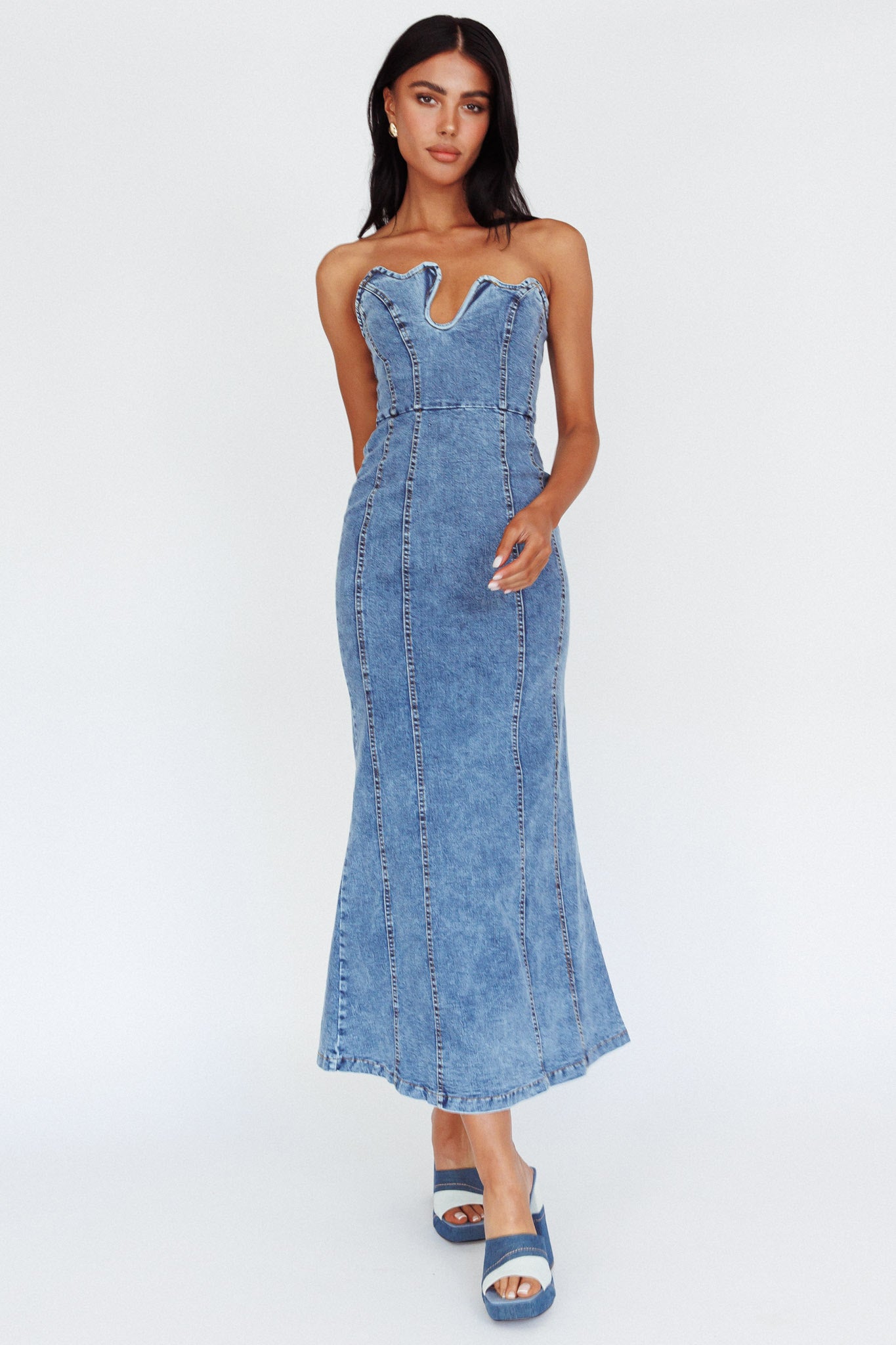 Horizon Strapless Wavy Neckline Midi Denim Blue-Maymioy