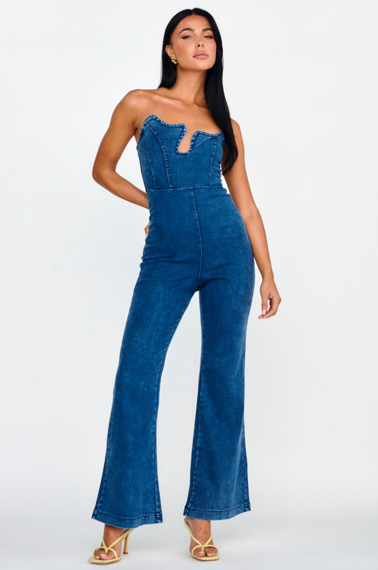 Horizon Strapless Wavy Neckline Jumpsuit Denim-Maymioy
