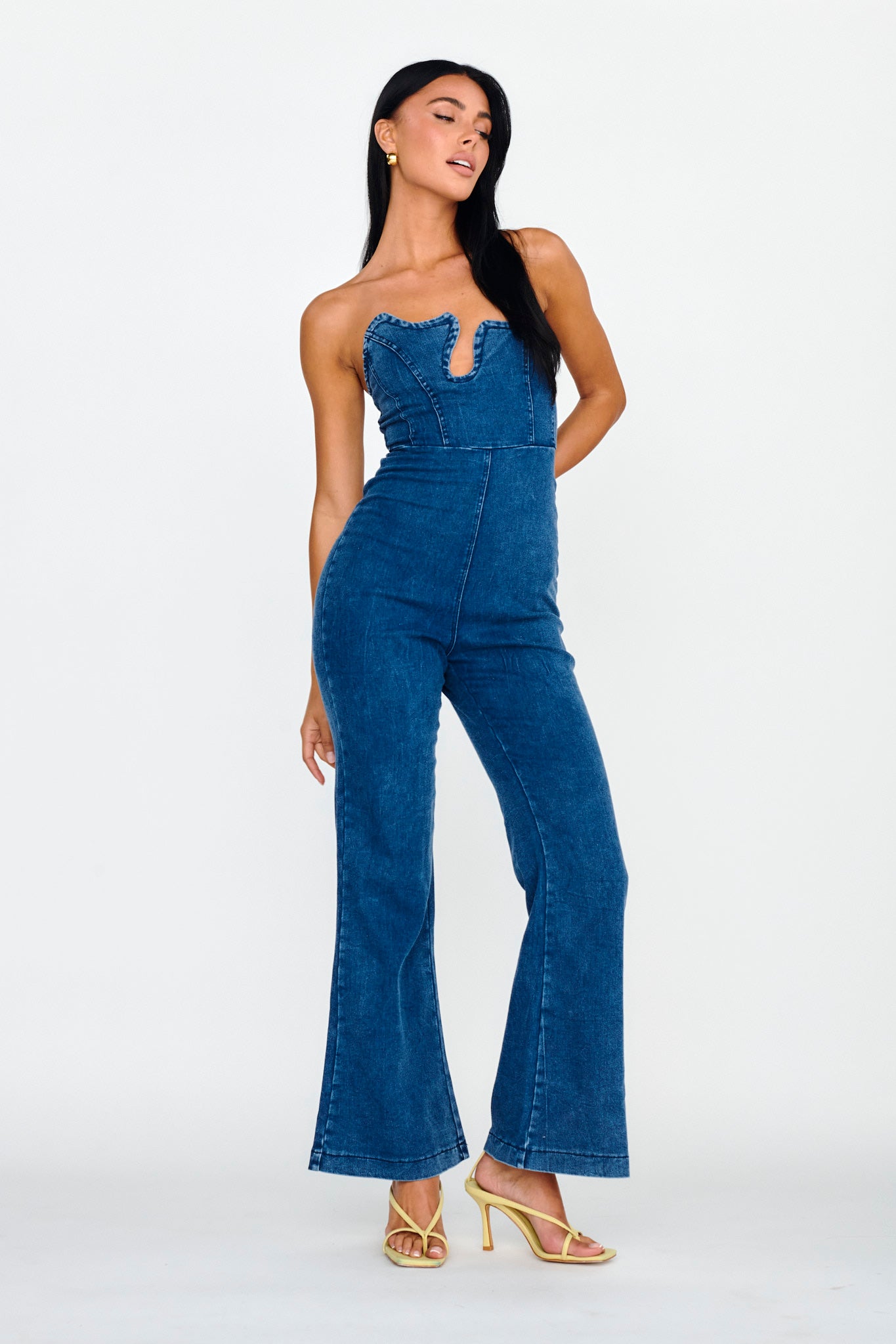 Horizon Strapless Wavy Neckline Jumpsuit Denim-Maymioy