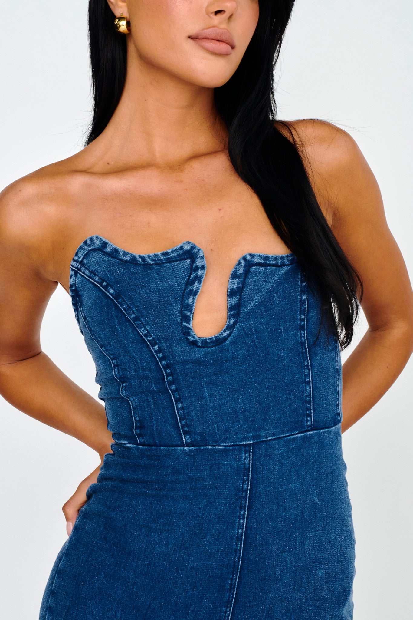 Horizon Strapless Wavy Neckline Jumpsuit Denim-Maymioy