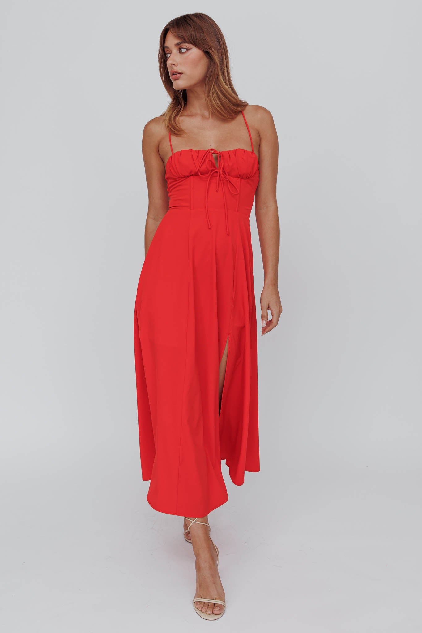Euro Summer Split Hem Midi Dress Red-Maymioy