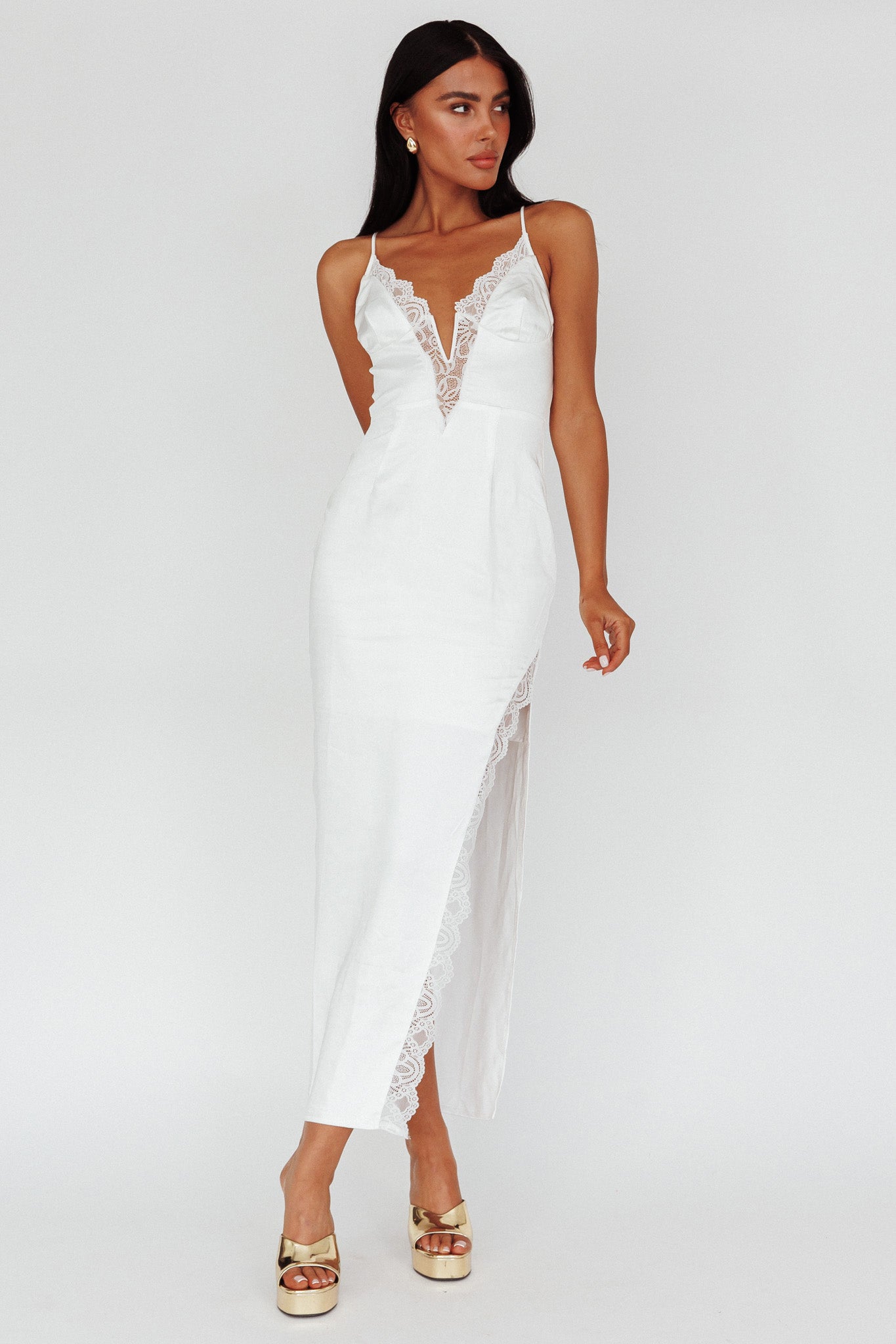 Salma Lace V-Neckline Midi Dress White-Maymioy