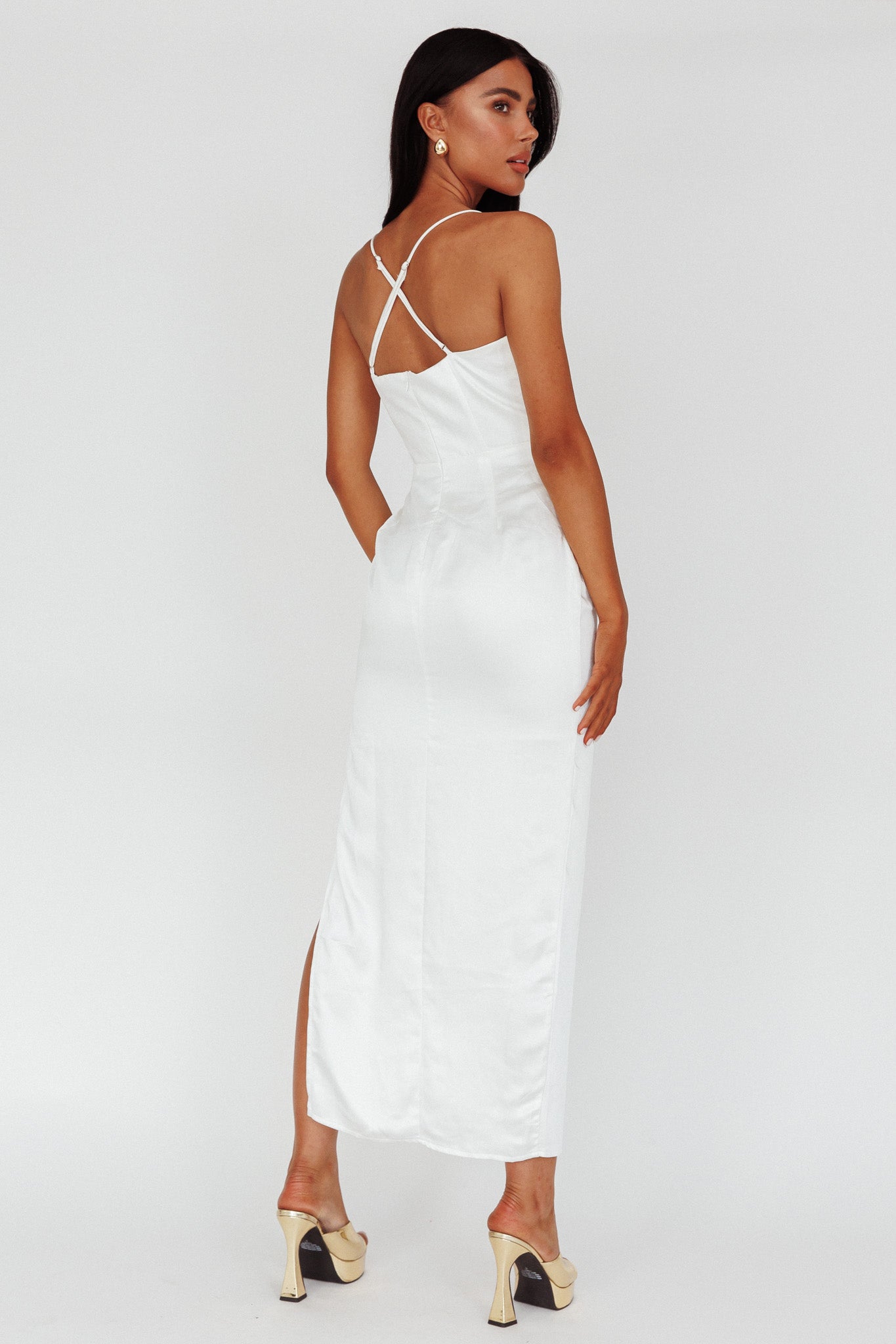 Salma Lace V-Neckline Midi Dress White-Maymioy