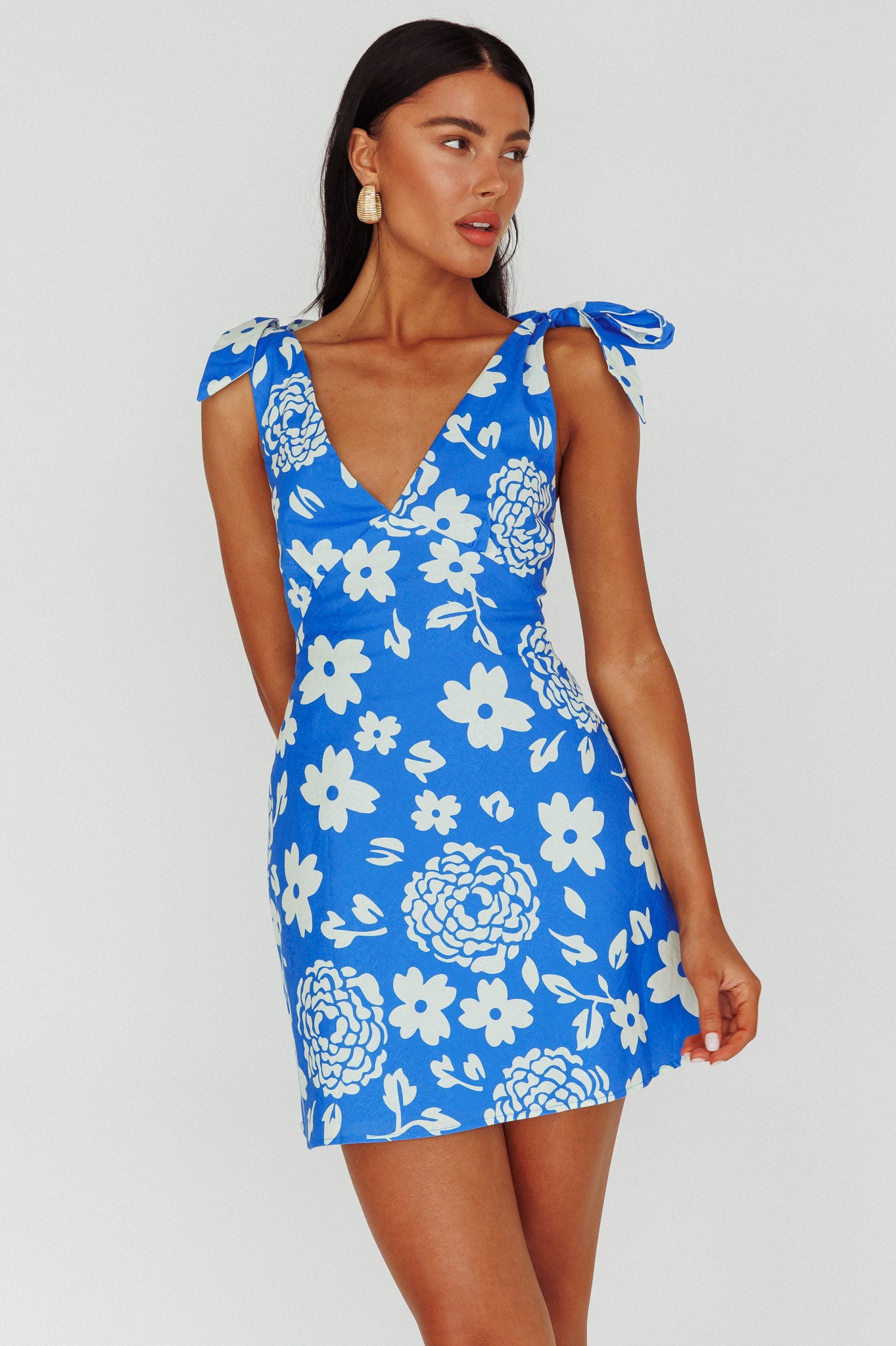 Mykonos Morning Tied Shoulder Mini Dress Floral Ocean-Maymioy