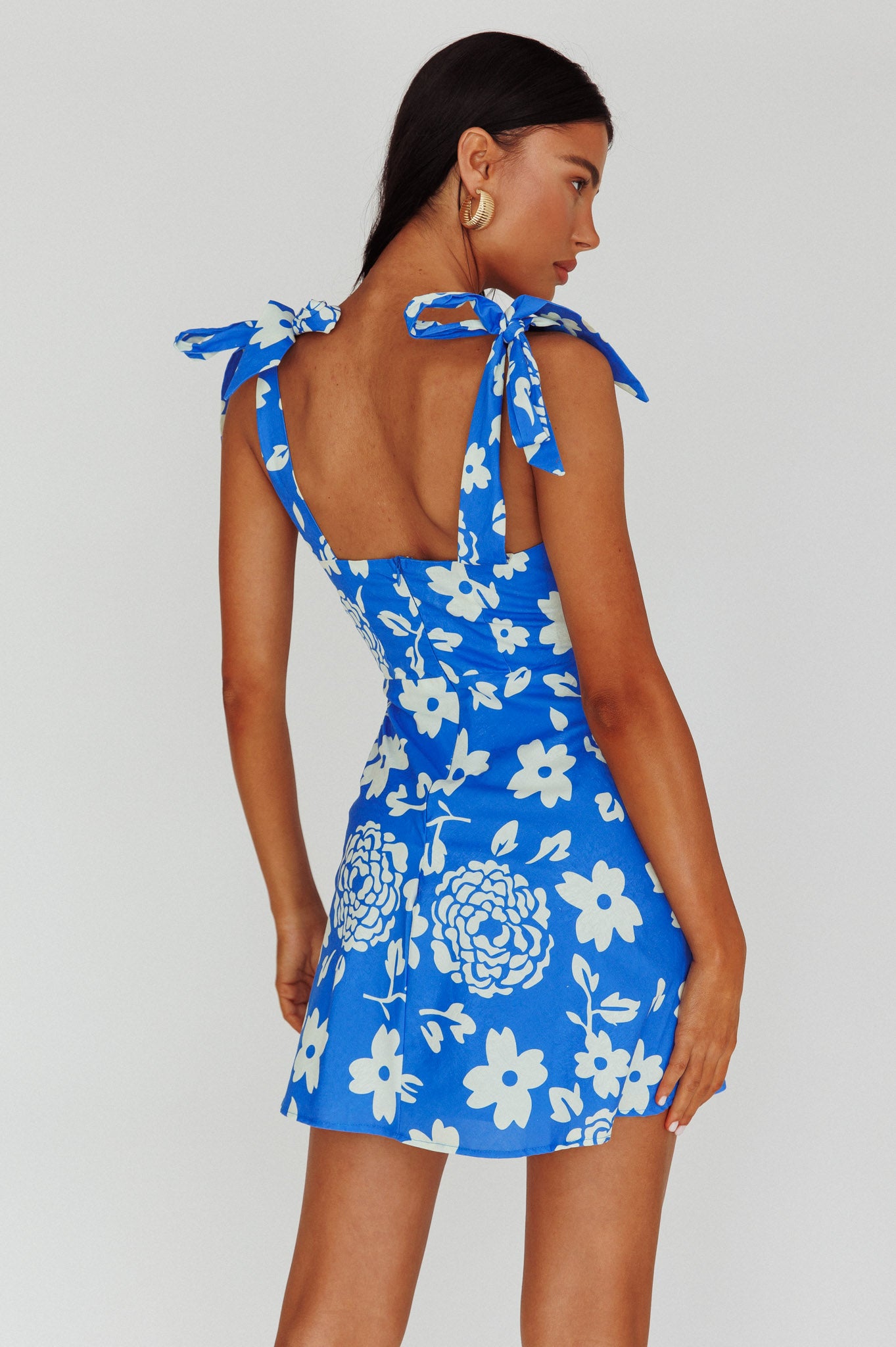 Mykonos Morning Tied Shoulder Mini Dress Floral Ocean-Maymioy