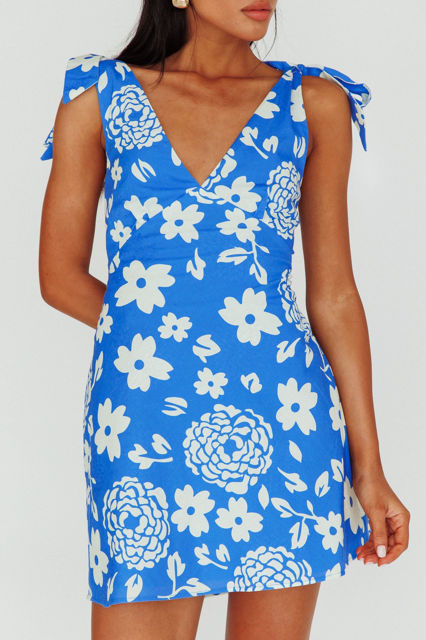 Mykonos Morning Tied Shoulder Mini Dress Floral Ocean-Maymioy