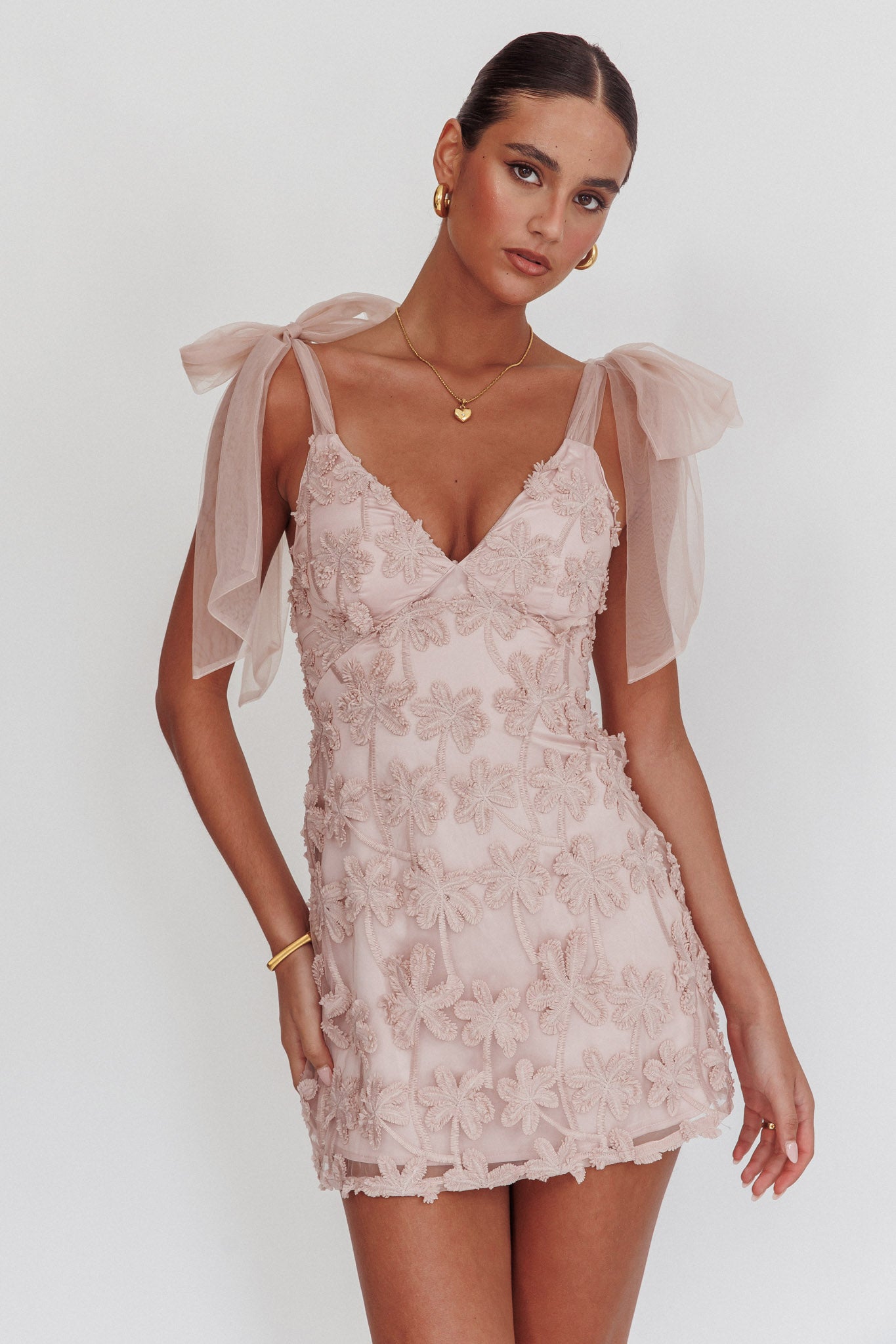 Mykonos Morning Tied Shoulder Embellished Mini Dress Blush-Maymioy