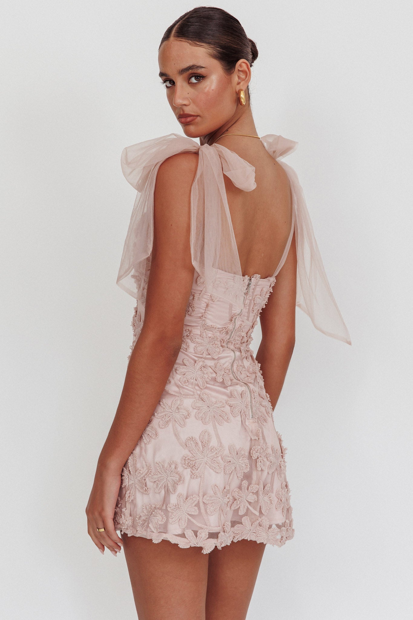 Mykonos Morning Tied Shoulder Embellished Mini Dress Blush-Maymioy