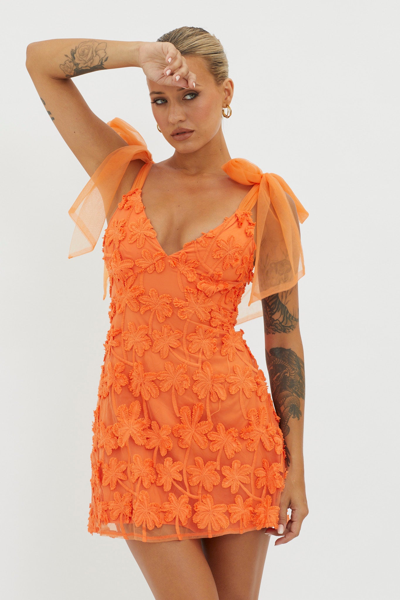 Mykonos Morning Tied Shoulder Embellished Mini Dress Orange-Maymioy