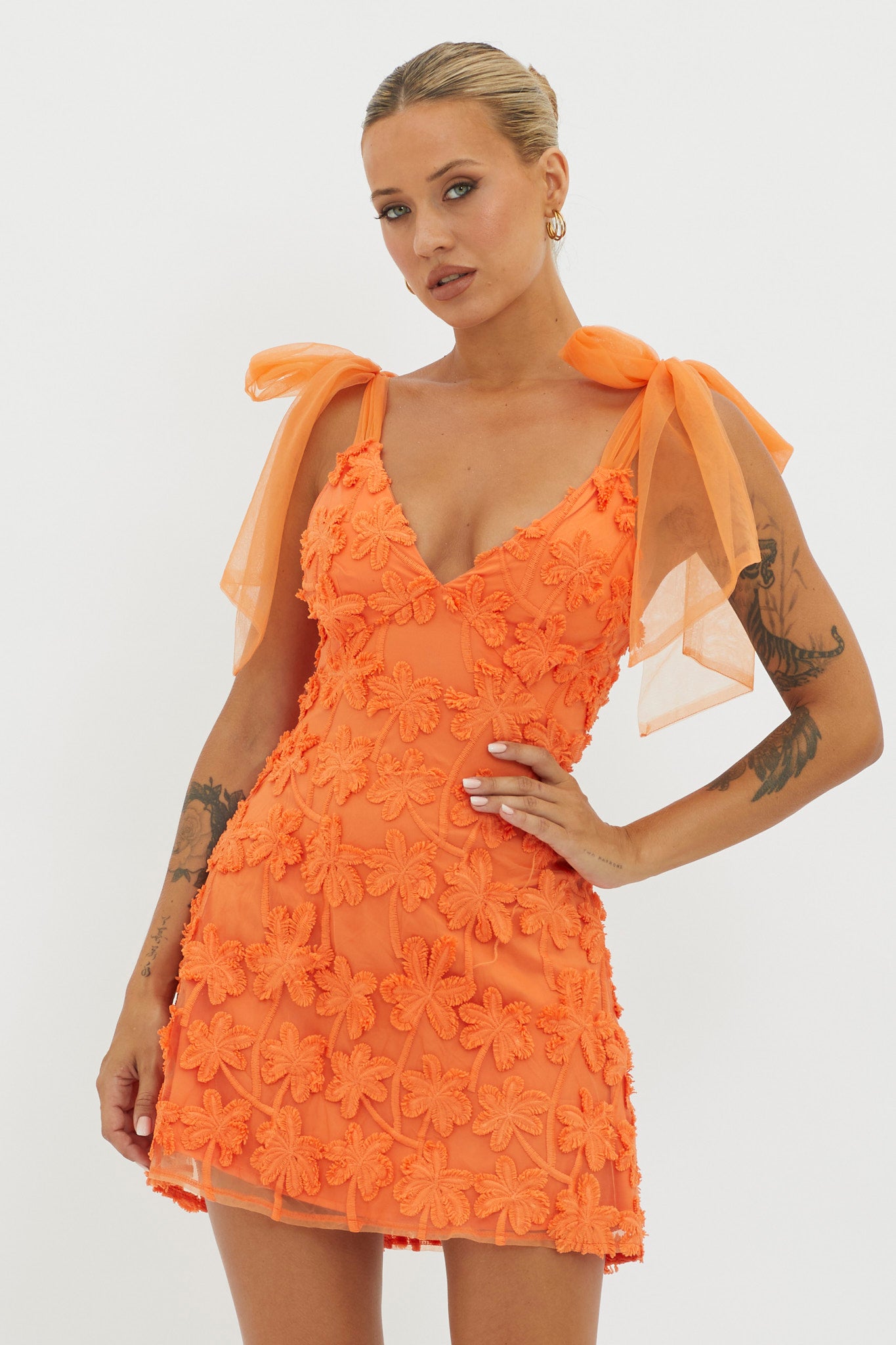 Mykonos Morning Tied Shoulder Embellished Mini Dress Orange-Maymioy