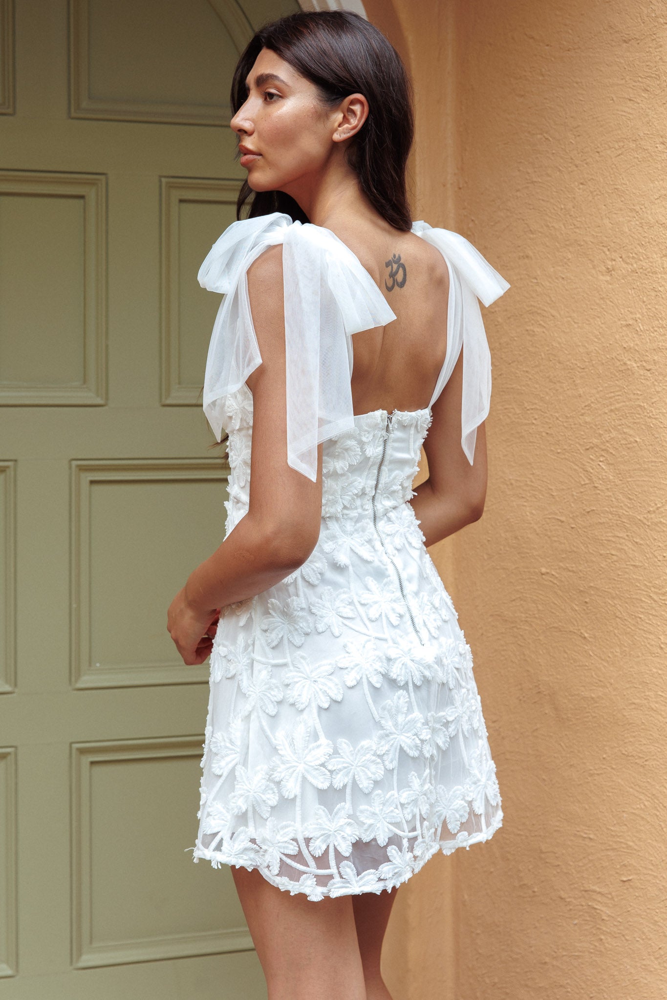 Mykonos Morning Tied Shoulder Embellished Mini Dress White-Maymioy
