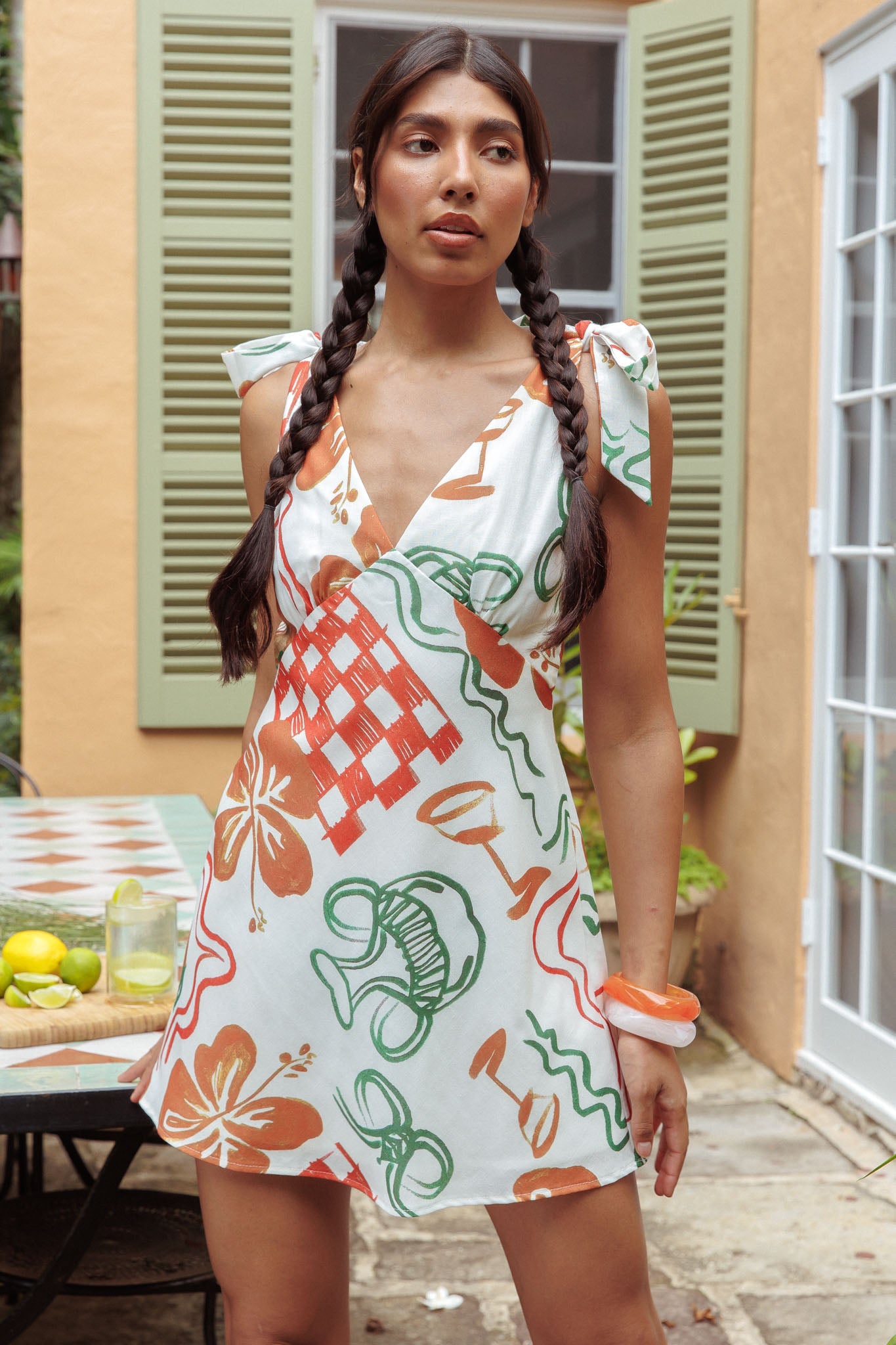 Mykonos Morning Tied Shoulder Mini Dress Print White-Maymioy