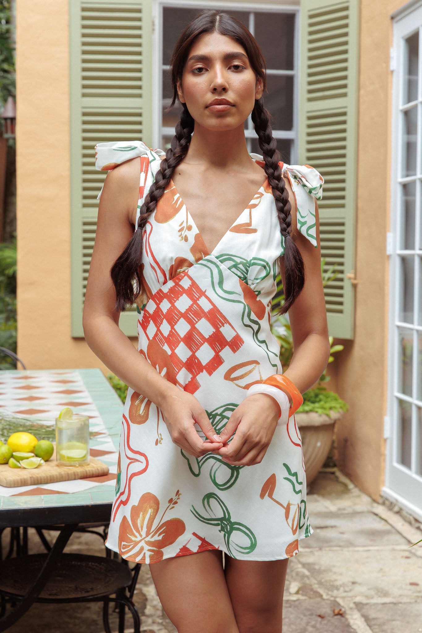 Mykonos Morning Tied Shoulder Mini Dress Print White-Maymioy