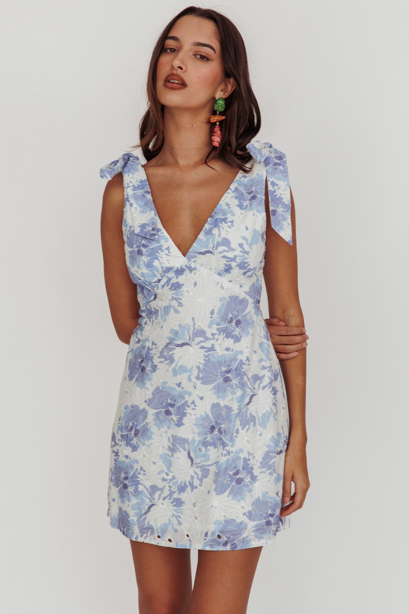 Mykonos Morning Shoulder Mini Dress Blue-Maymioy