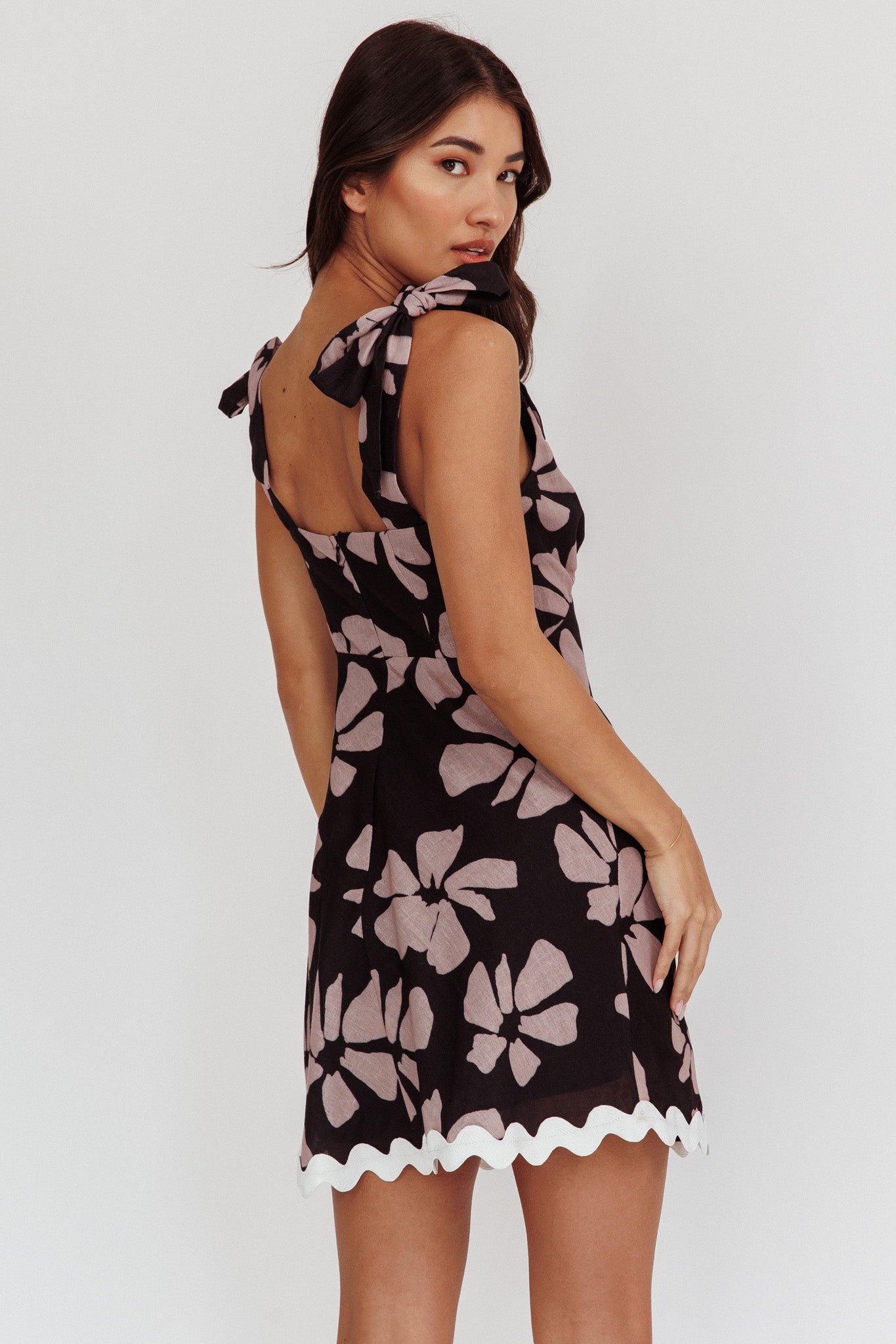 Mykonos Morning Tied Shoulder Mini Dress Floral Black-Maymioy