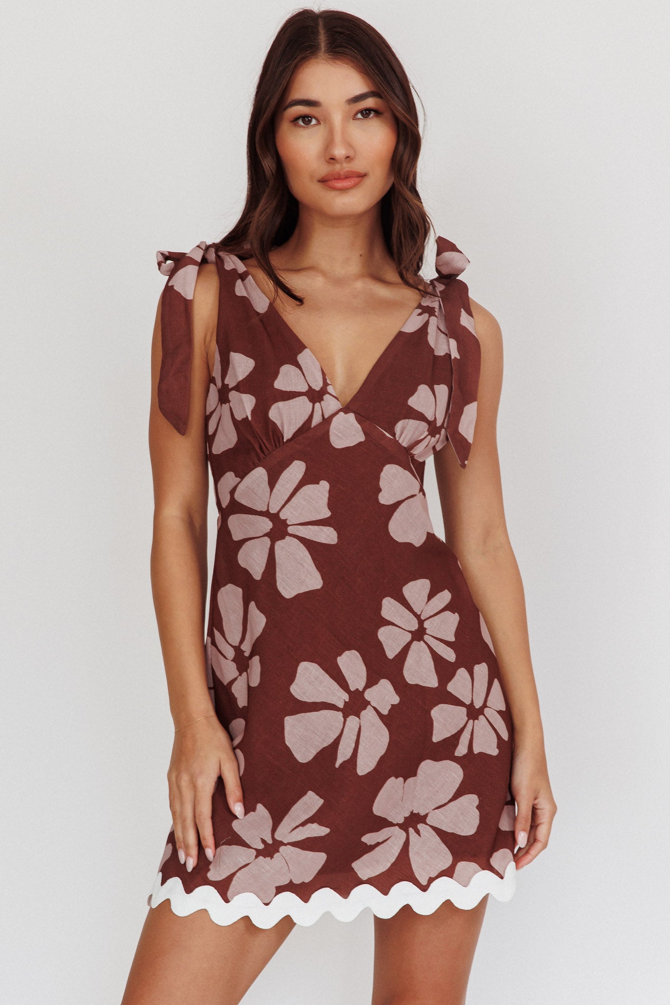 Mykonos Morning Tied Shoulder Mini Dress Floral Brown-Maymioy