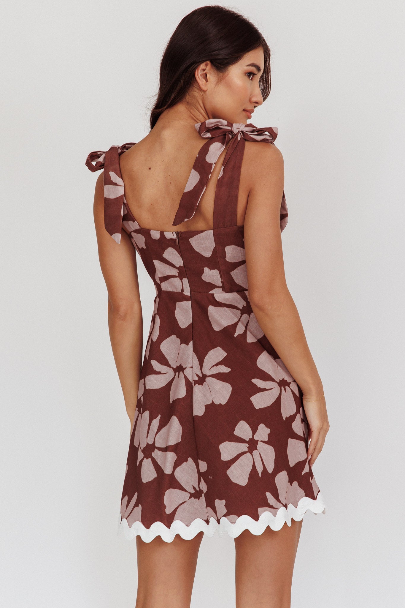 Mykonos Morning Tied Shoulder Mini Dress Floral Brown-Maymioy