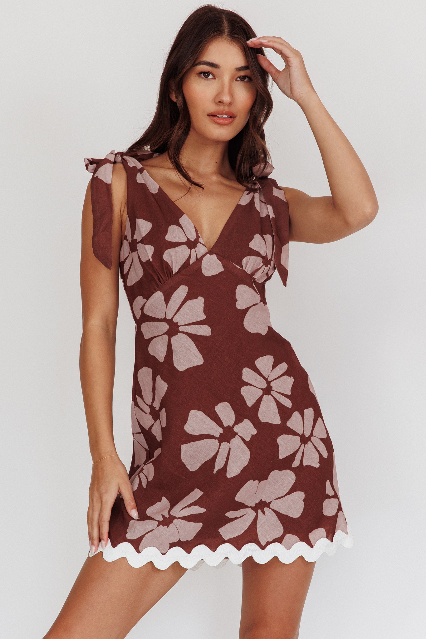 Mykonos Morning Tied Shoulder Mini Dress Floral Brown-Maymioy