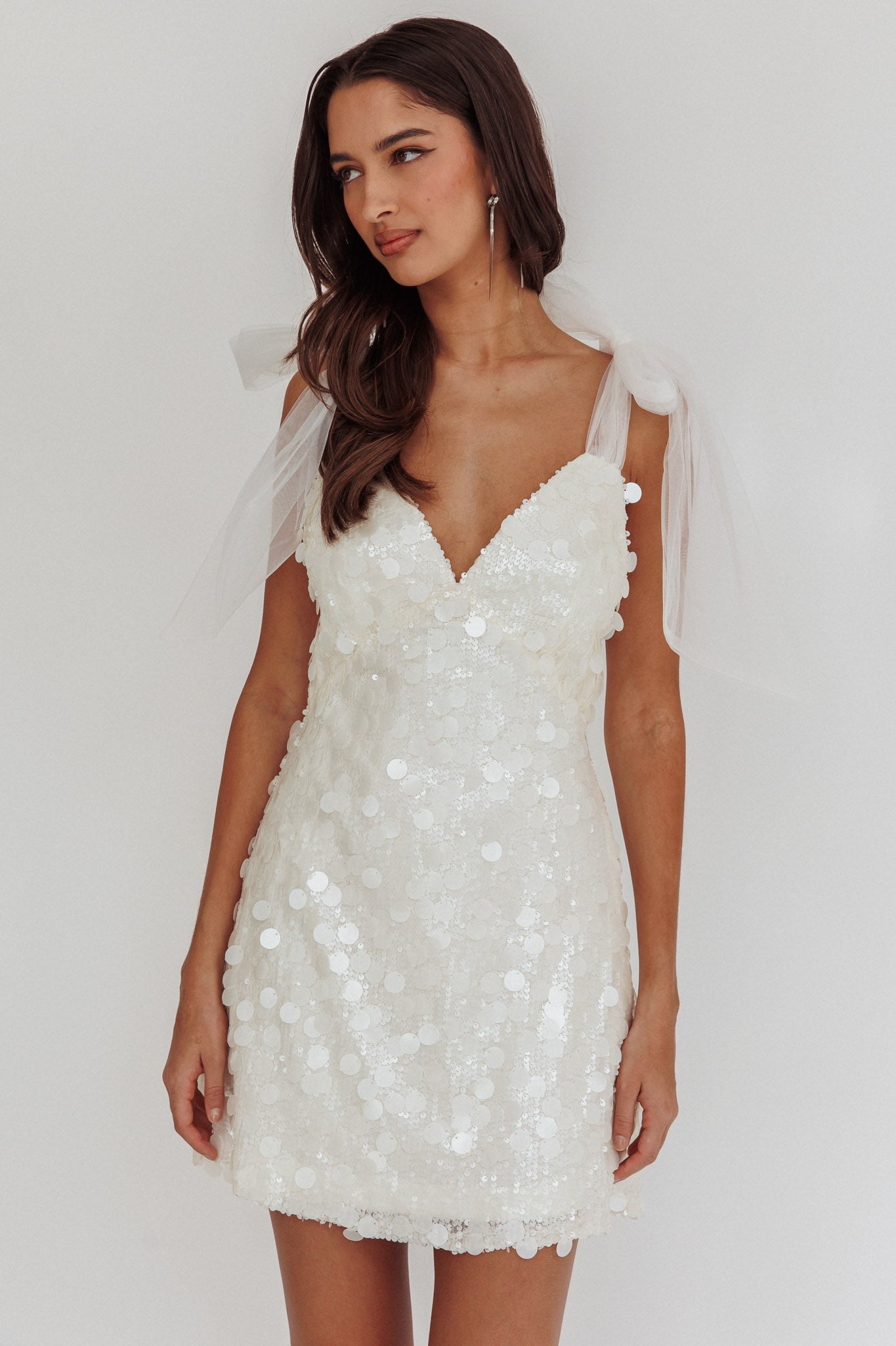 Mykonos Morning Tied Shoulder Sequin Mini Dress White-Maymioy