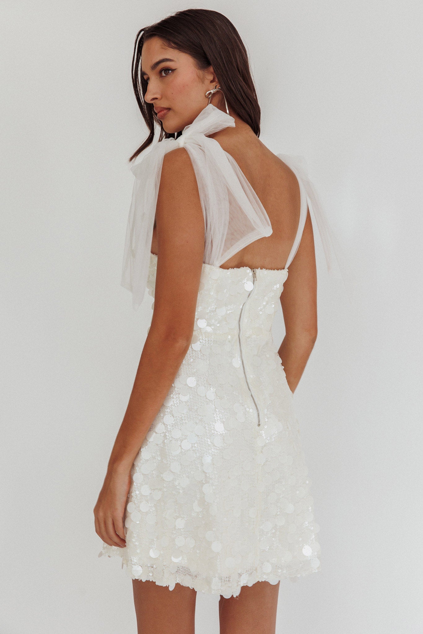 Mykonos Morning Tied Shoulder Sequin Mini Dress White-Maymioy