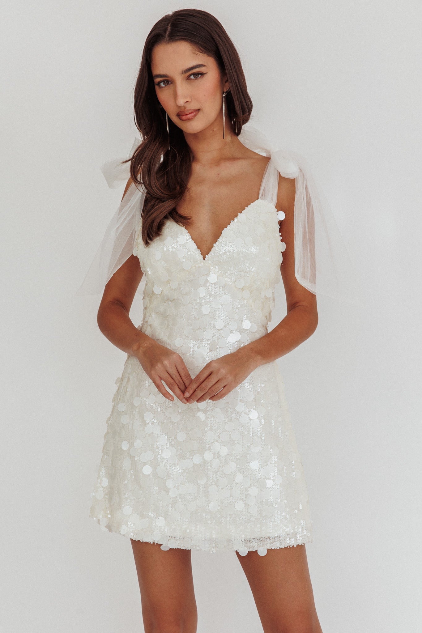 Mykonos Morning Tied Shoulder Sequin Mini Dress White-Maymioy
