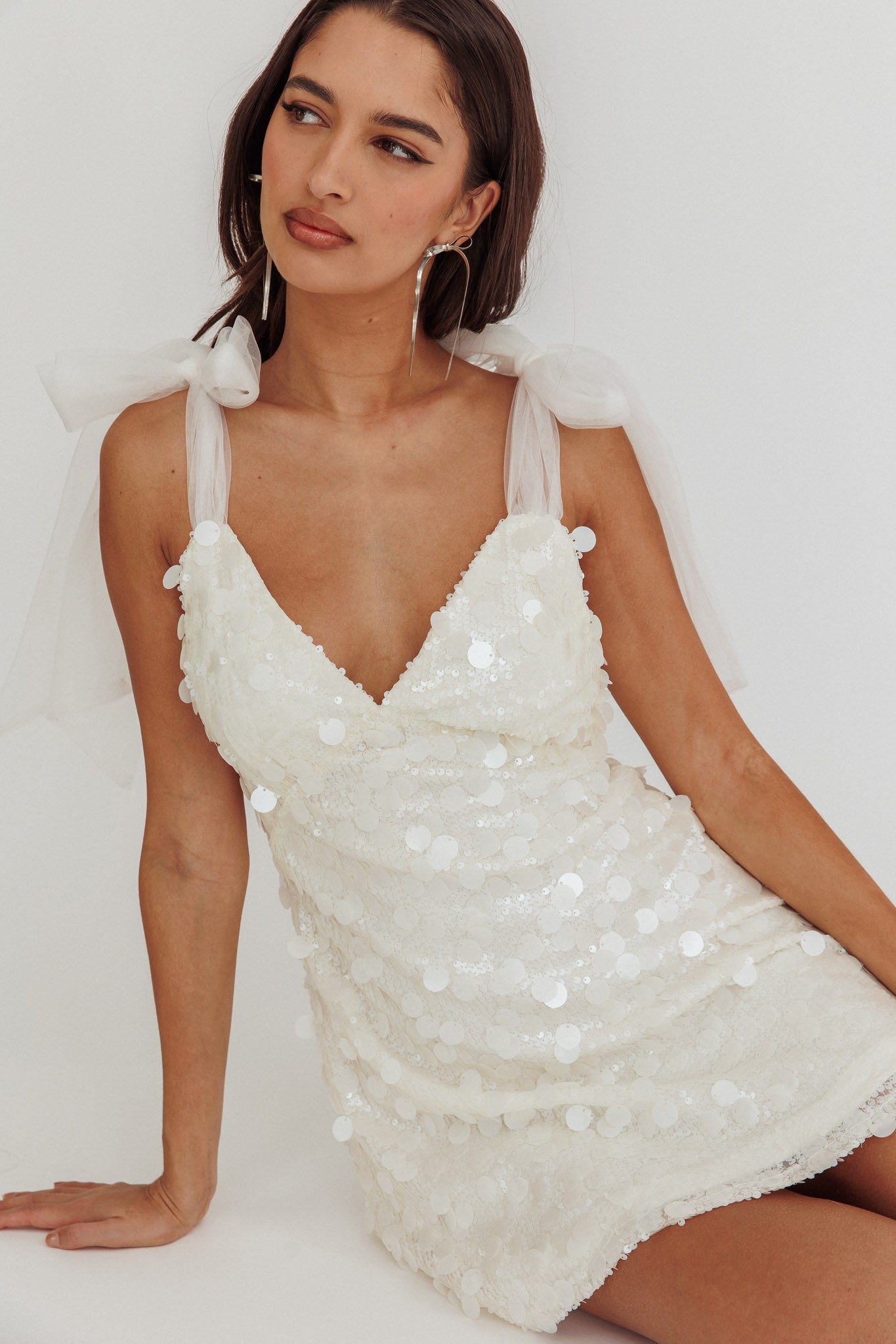 Mykonos Morning Tied Shoulder Sequin Mini Dress White-Maymioy