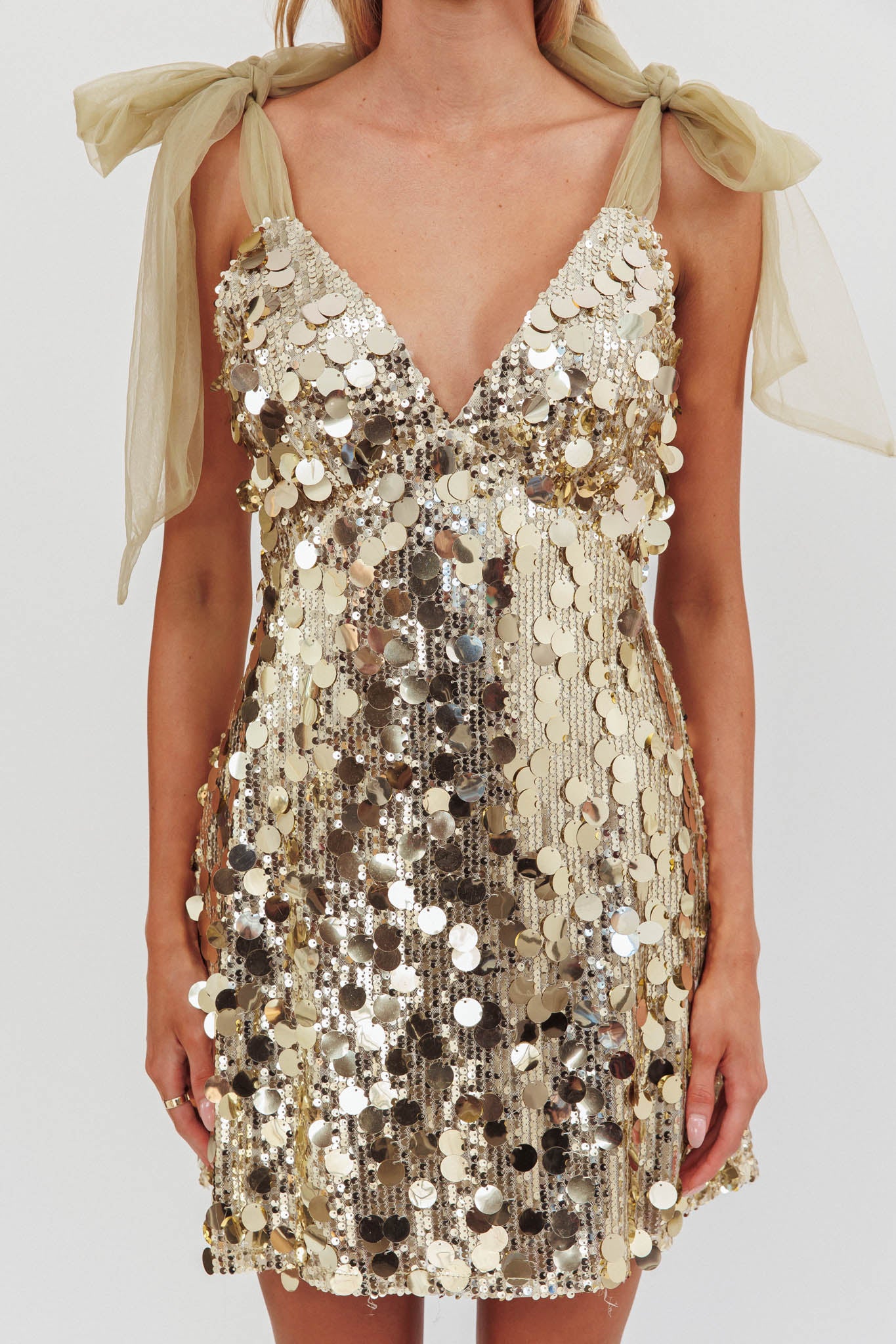 Mykonos Morning Tied Shoulder Sequin Mini Dress Gold-Maymioy