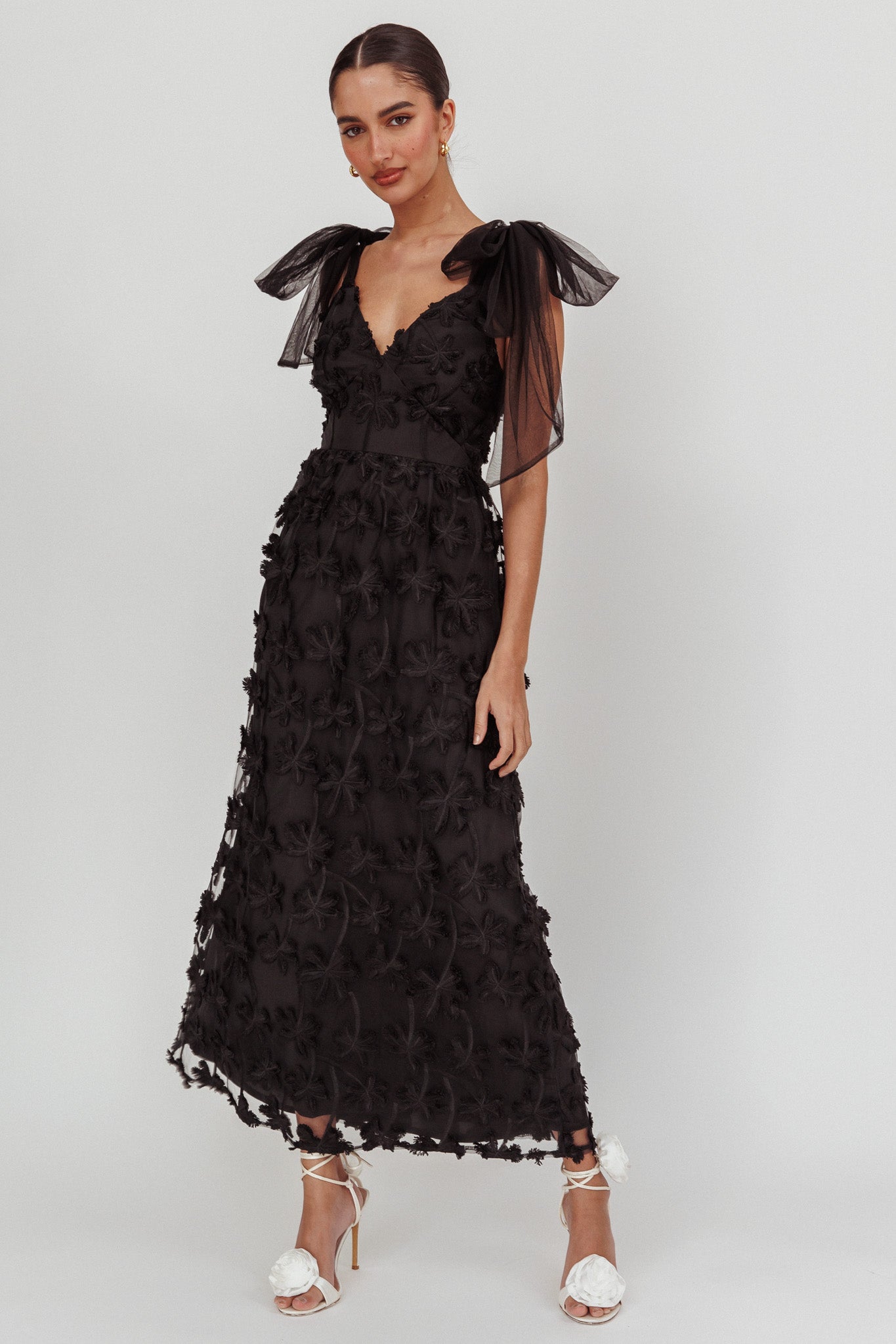 Mykonos Morning Tied Shoulder Tree Maxi Dress Black-Maymioy