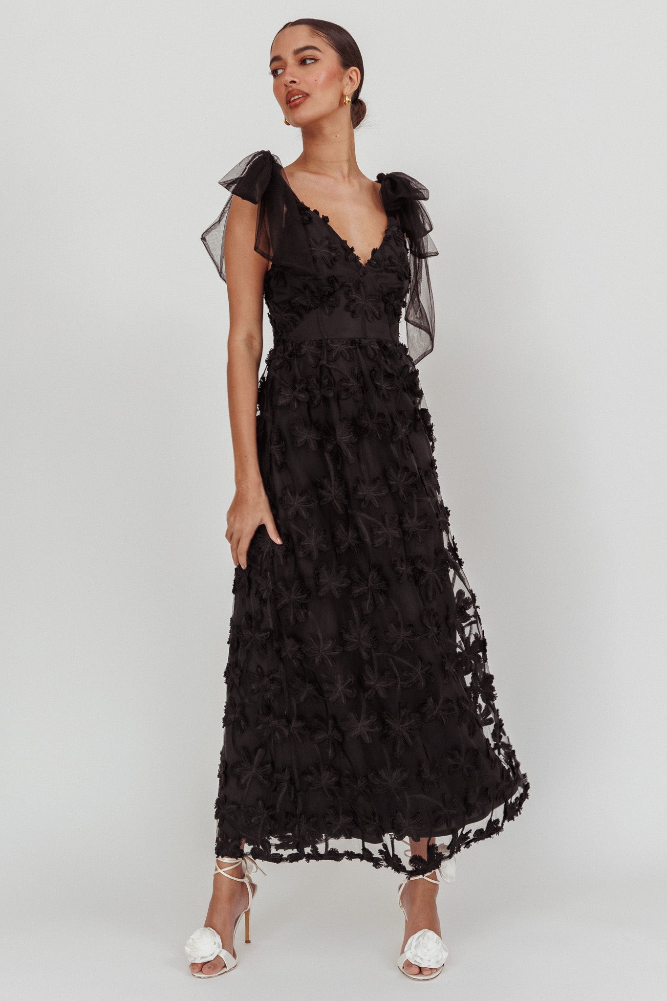 Mykonos Morning Tied Shoulder Tree Maxi Dress Black-Maymioy