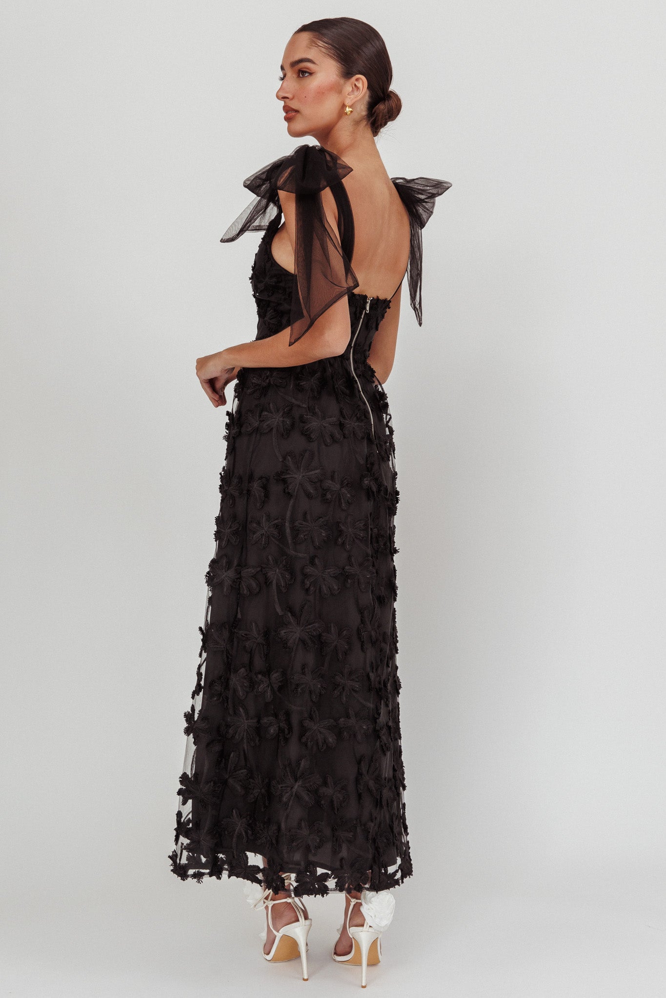 Mykonos Morning Tied Shoulder Tree Maxi Dress Black-Maymioy