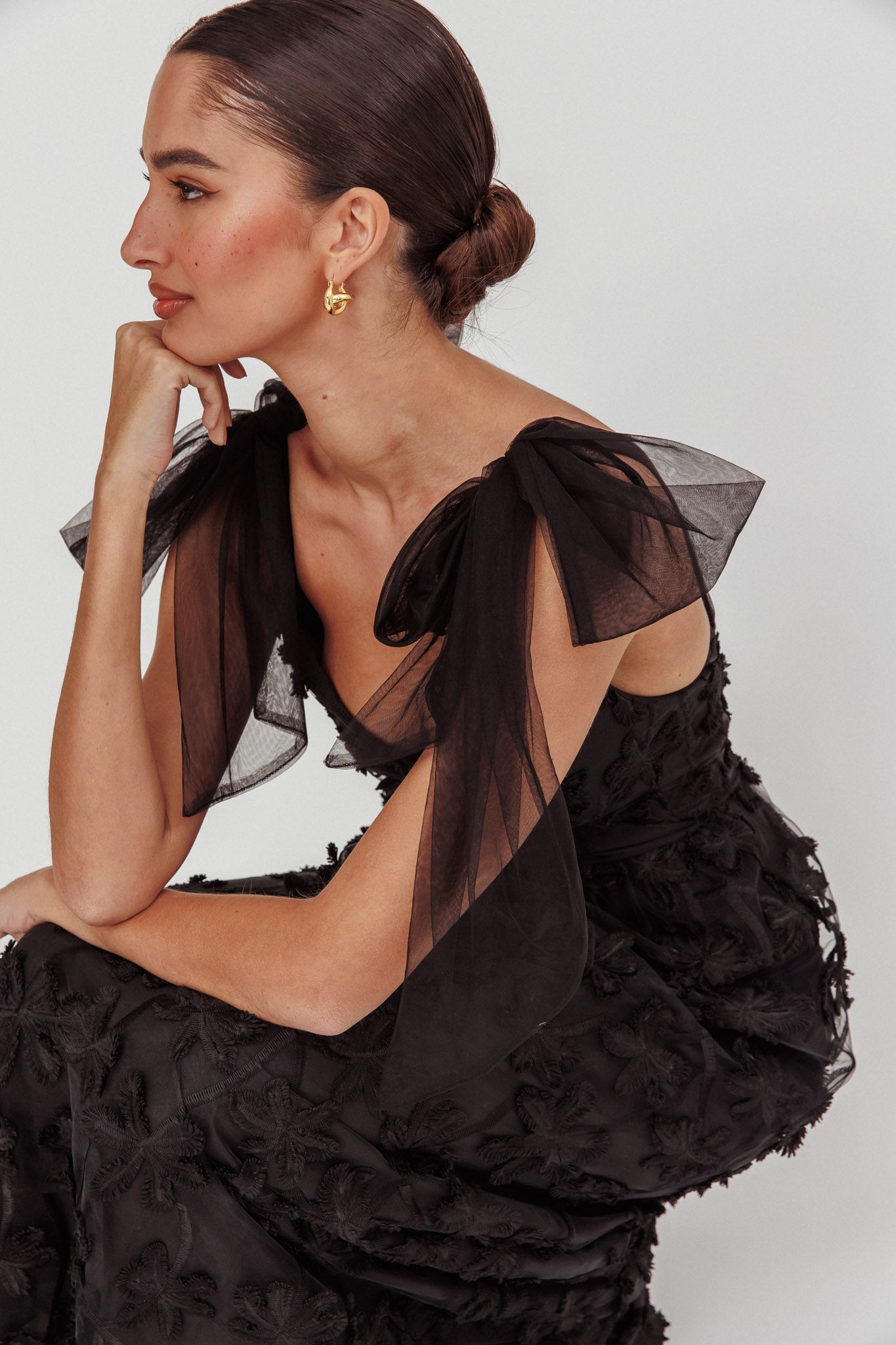 Mykonos Morning Tied Shoulder Tree Maxi Dress Black-Maymioy