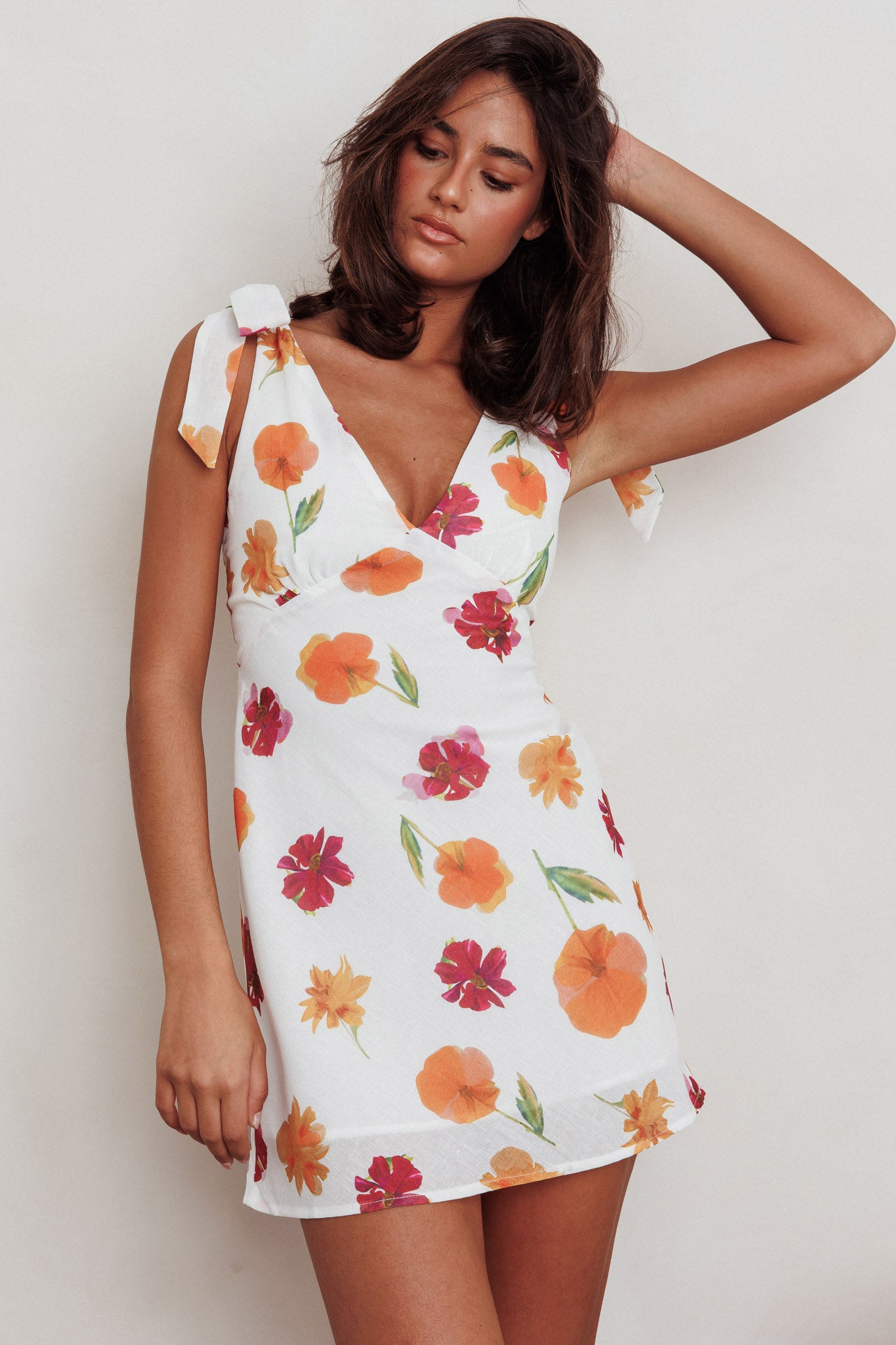 Mykonos Morning Tied Shoulder Mini Dress Flower Orange-Maymioy