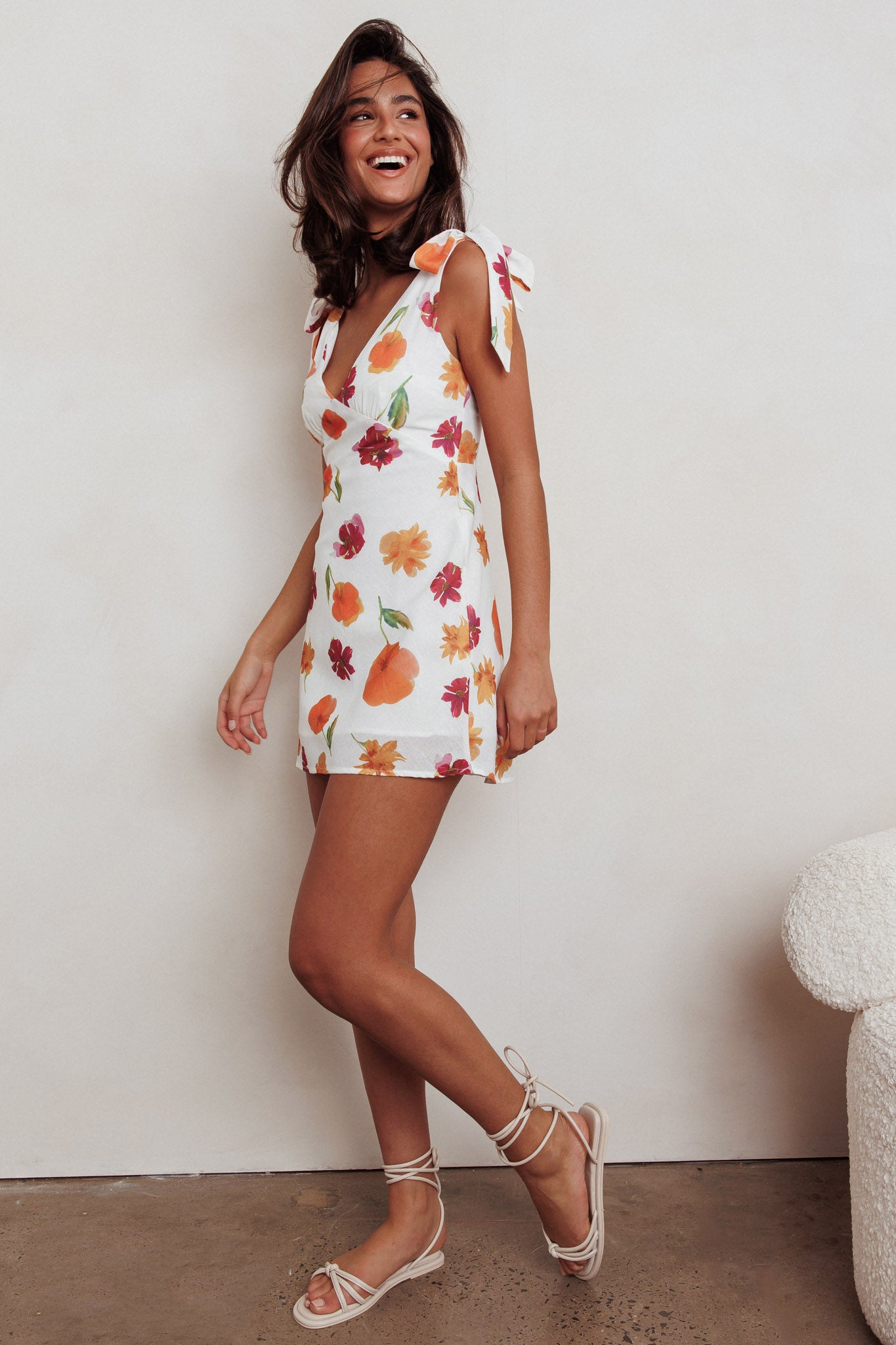 Mykonos Morning Tied Shoulder Mini Dress Flower Orange-Maymioy