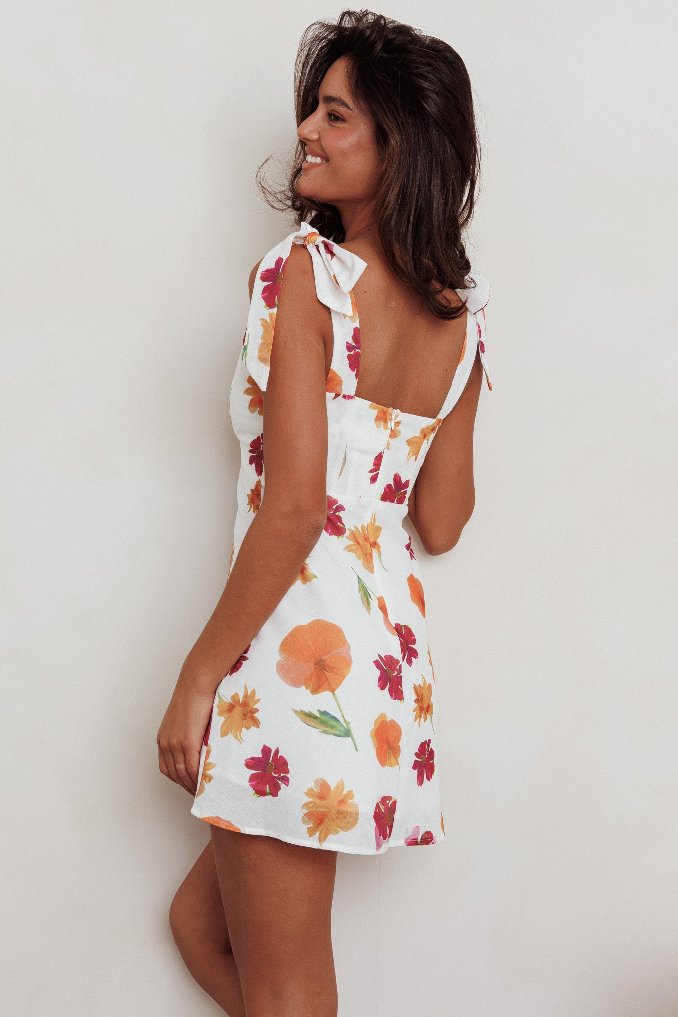 Mykonos Morning Tied Shoulder Mini Dress Flower Orange-Maymioy