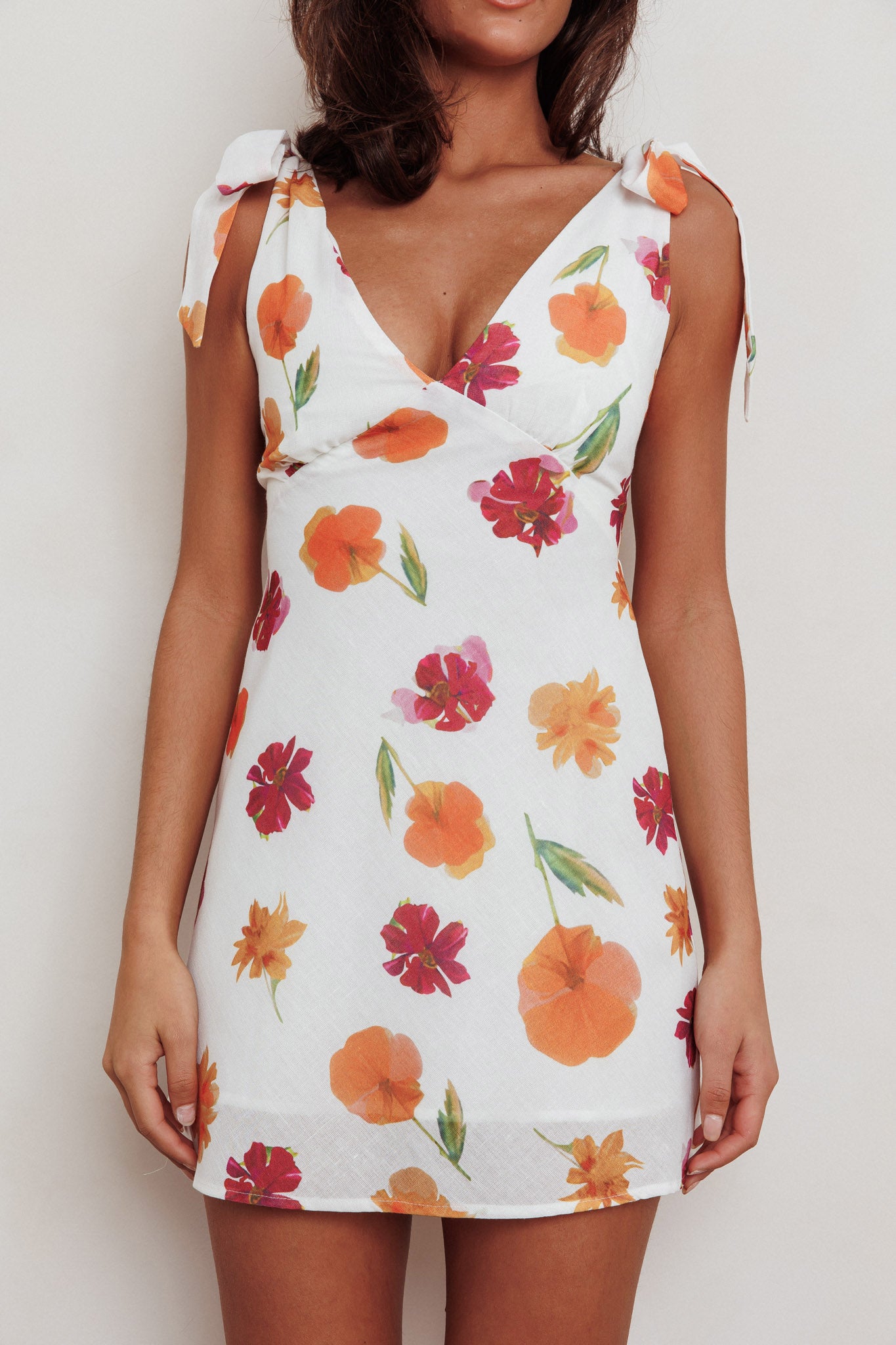 Mykonos Morning Tied Shoulder Mini Dress Flower Orange-Maymioy
