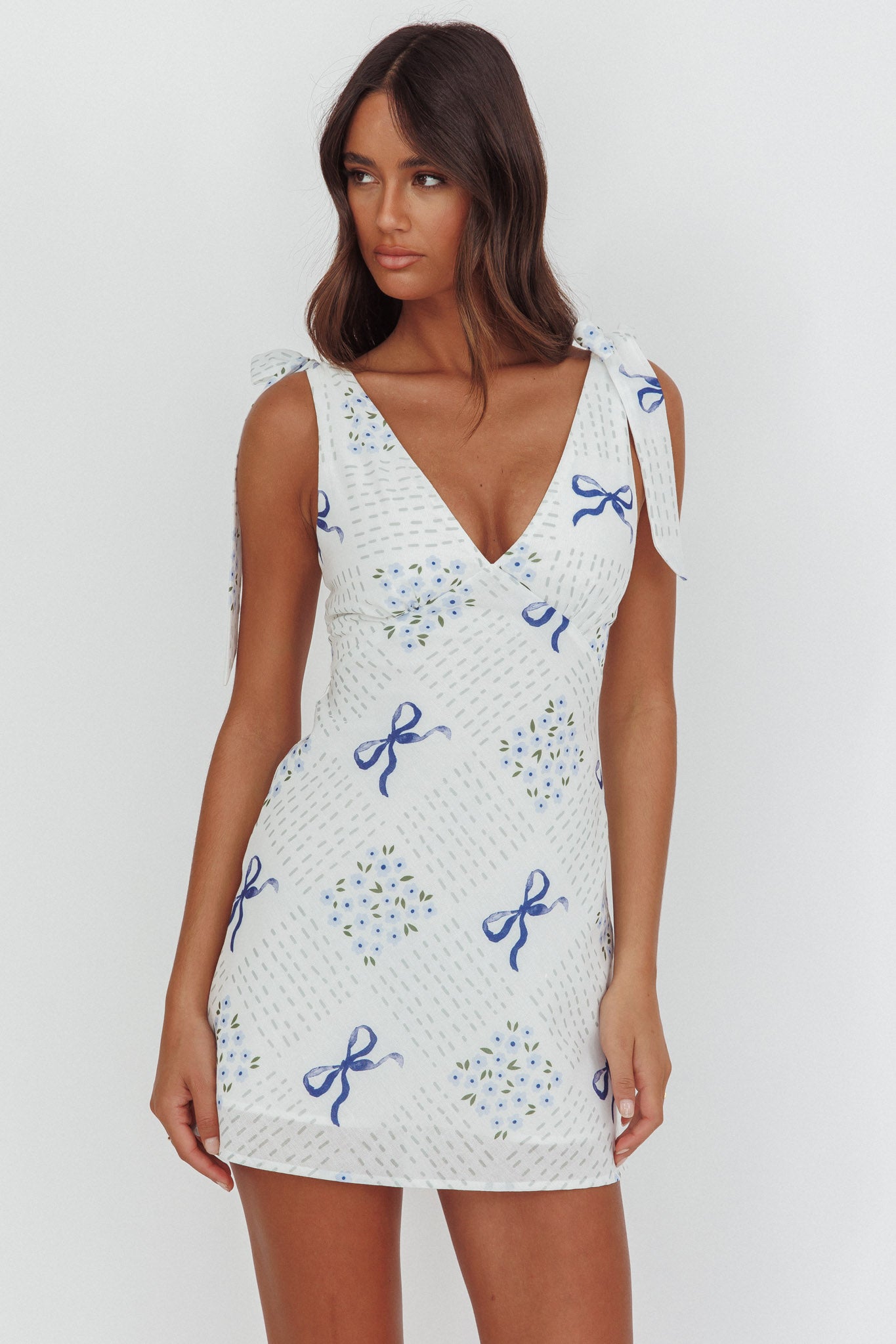 Mykonos Morning Tied Shoulder Mini Dress Bows Blue-Maymioy