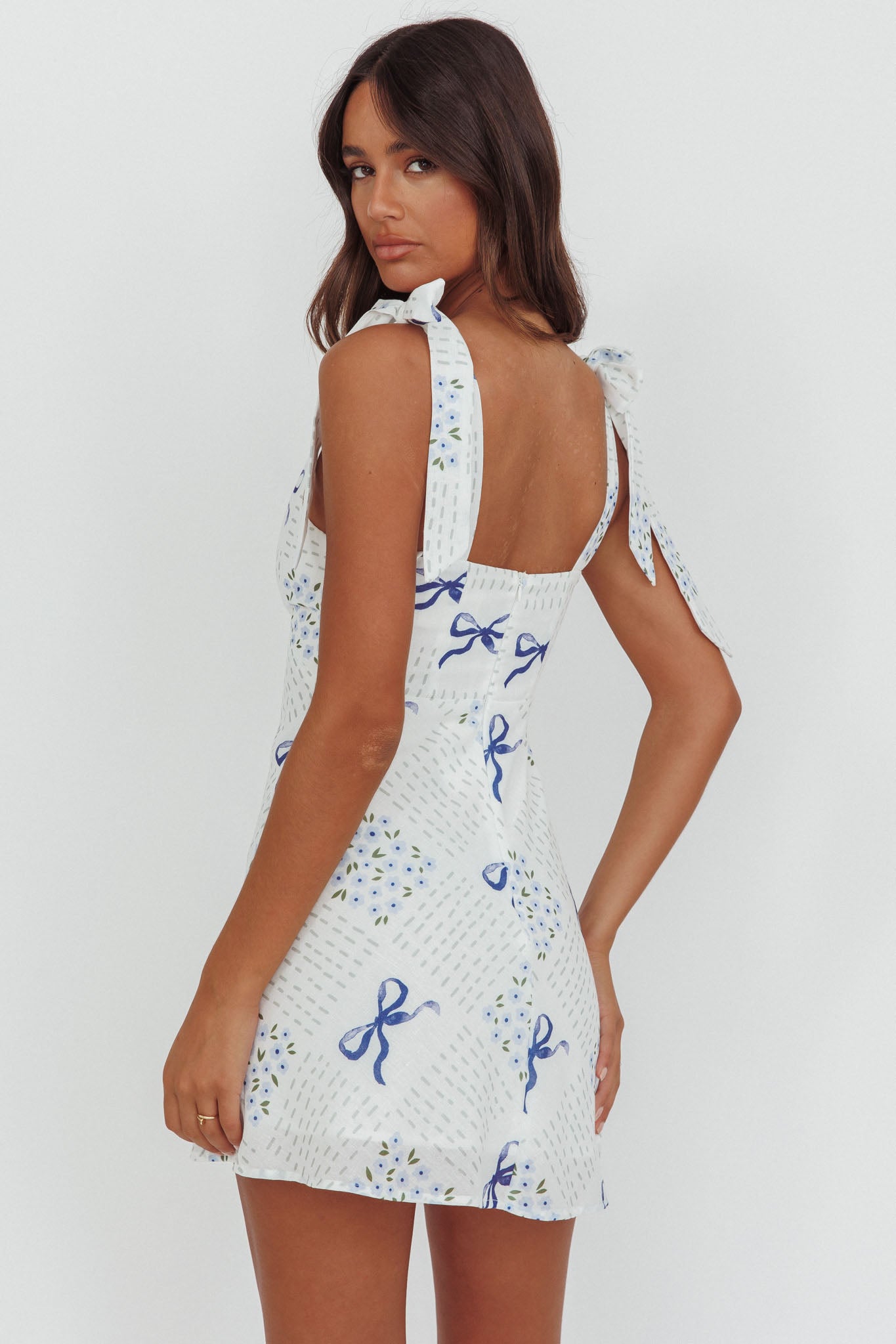 Mykonos Morning Tied Shoulder Mini Dress Bows Blue-Maymioy